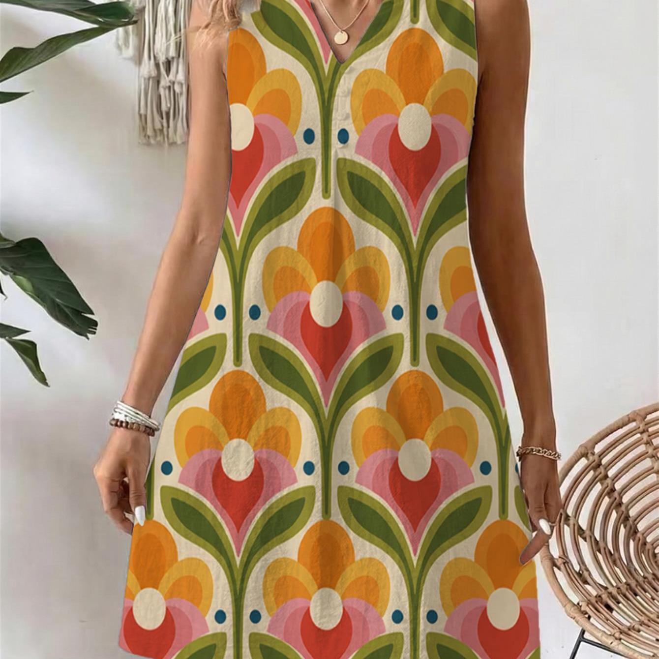 Image of Women's Retro 70s Floral Print Short-sleeve Dress With Small V-neck And Hollow-out Detail