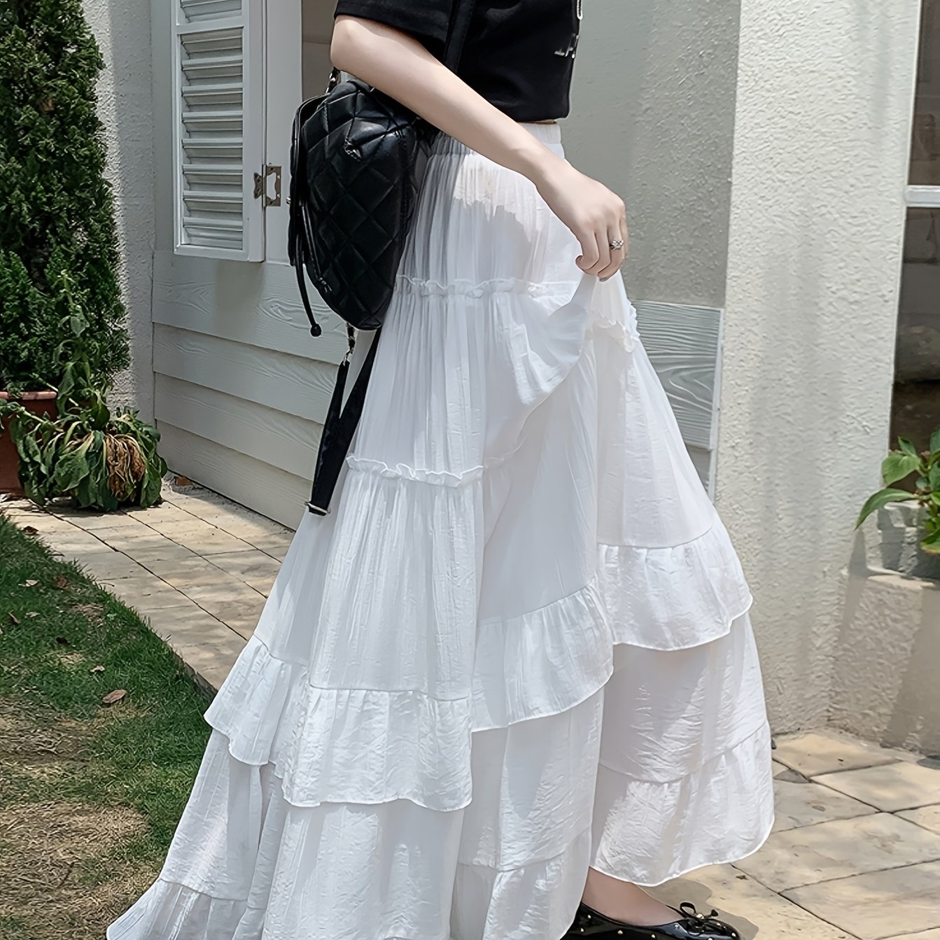TEMU White Cake Skirt, Elegant Half Skirt For Women, Spring/summer Solid Color Long Skirt, High Waist, Draped Full Flared A-line Umbrella Skirt,
