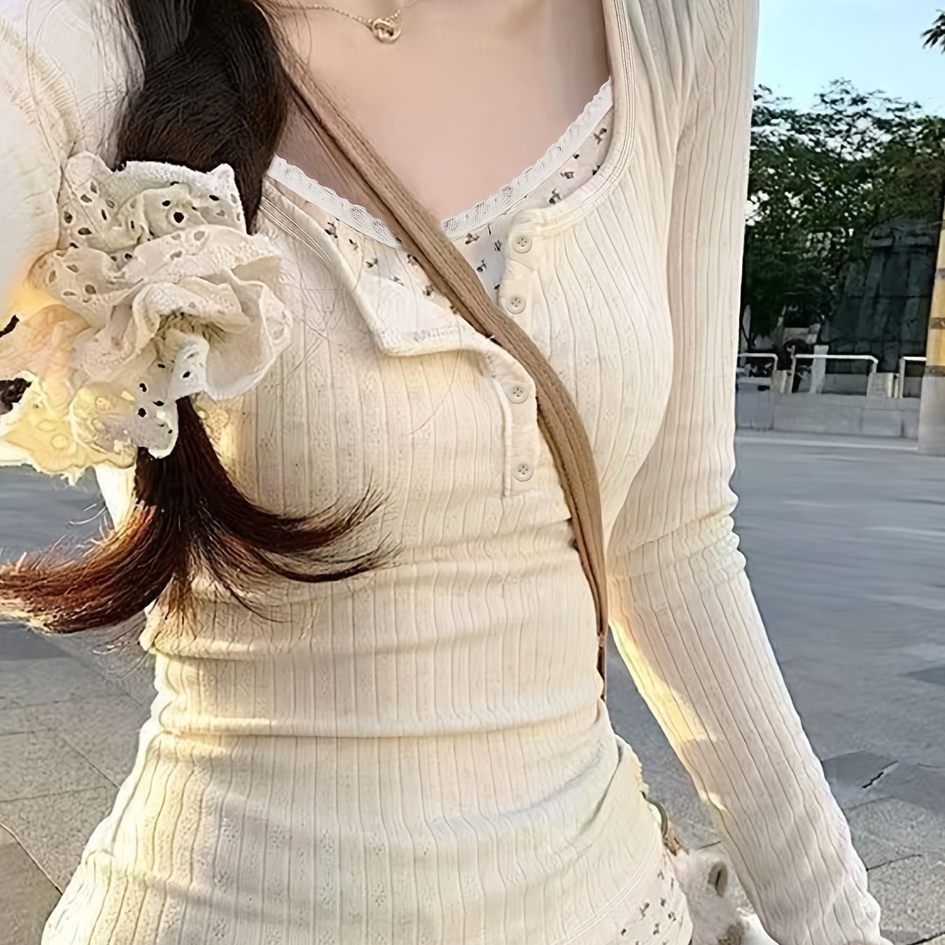 TEMU Lace Floral 2-in-1 Look Y2k Style Base Layer Top, Designer Niche Hot Long Sleeve T-shirt, Women's Christmas Winter Clothing