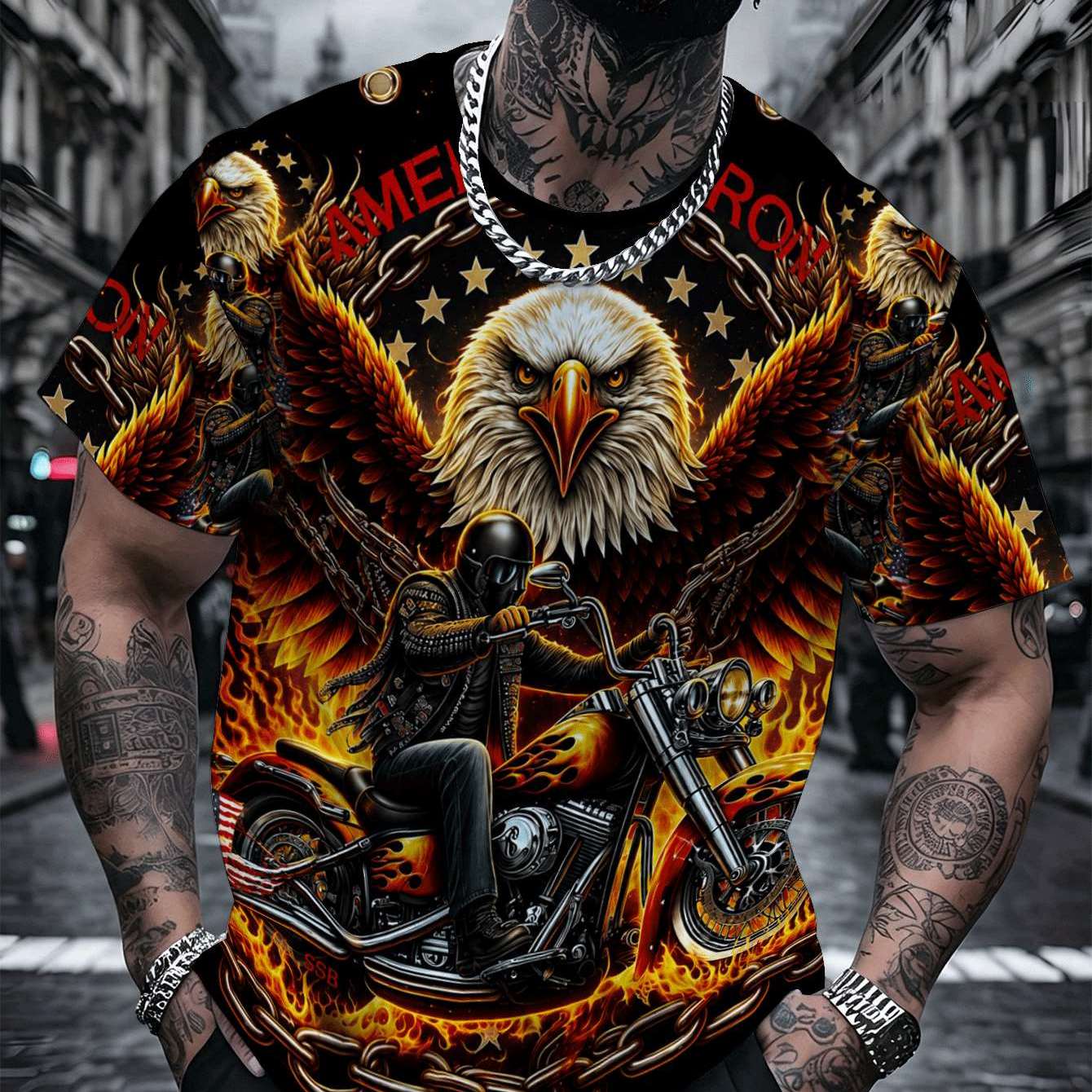 TEMU [printed Design, Not Textured] New Plus-size Men's Casual Sport T-shirt, Eagle Motorcycle Graphic Print, Style, Fashionable Casual Top, Suitable