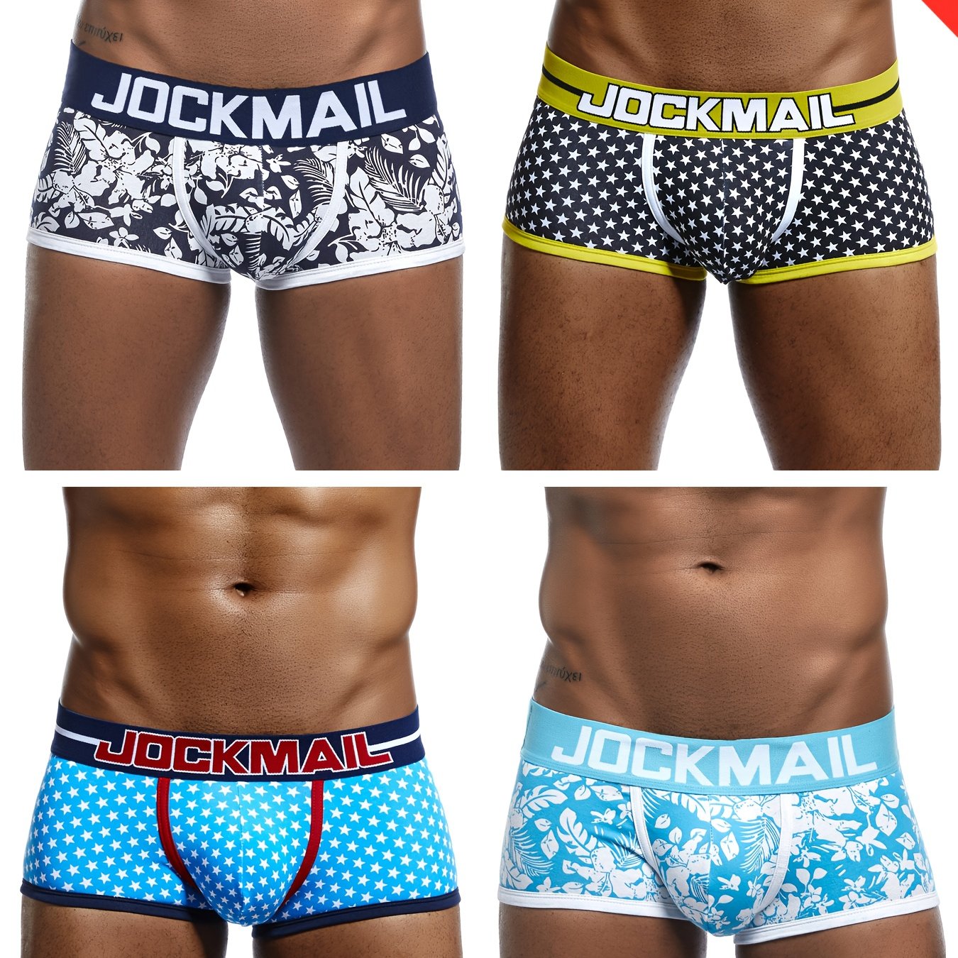 Image of 4pcs Of Jockmail Stylish Low-rise Men's Boxer Shorts Featuring Star, Leaf, And Flower Print Patterns, Suitable For Everyday Casual Wear And Sports, Providing Moisture-wicking , Sweat-resistant