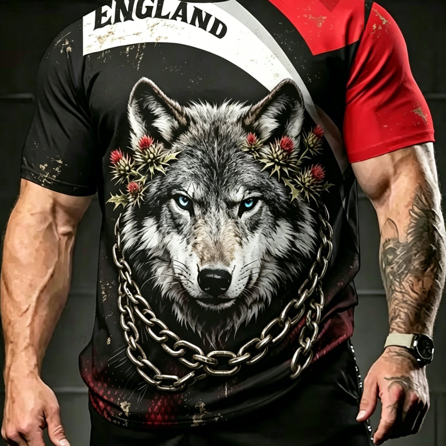 TEMU [print Design-not Textured] Thistle Wolf Head Print Plus Size Men's Short Sleeve T-shirt, Plus Size Loose Fit Round Neck Casual Summer