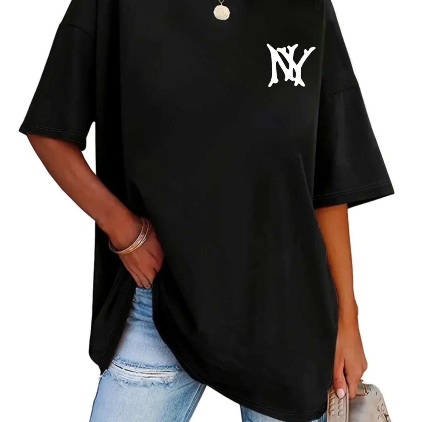 Image of Plus Size - Trendy Spring And Summer T-shirt In Large Sizes With A Stylish Ny Letter Print, Suitable For Wear In Large Sizes For Women