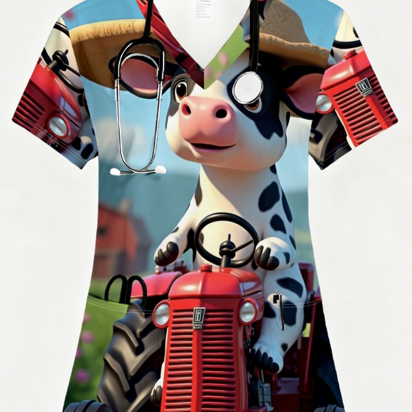 TEMU Women's Short-sleeved V-neck Nurse Scrubs With Pockets, Featuring A Modern Minimalist Style. The High-definition Print Showcases A Cartoon Cow