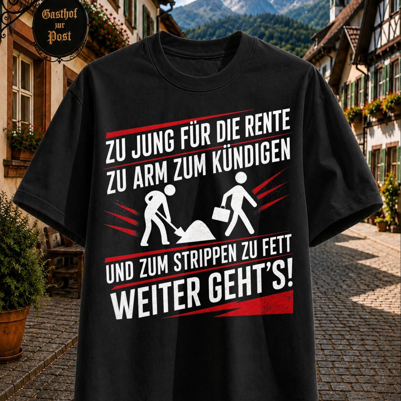 Image of Men' German Retirement Humor T-shirt - " For Retirement" Joke Suitable For Work Figures & Stripping Graphic, Red Round Neck Tee, Machine Washable Gift For Retirees Or Pensionsystem Joke