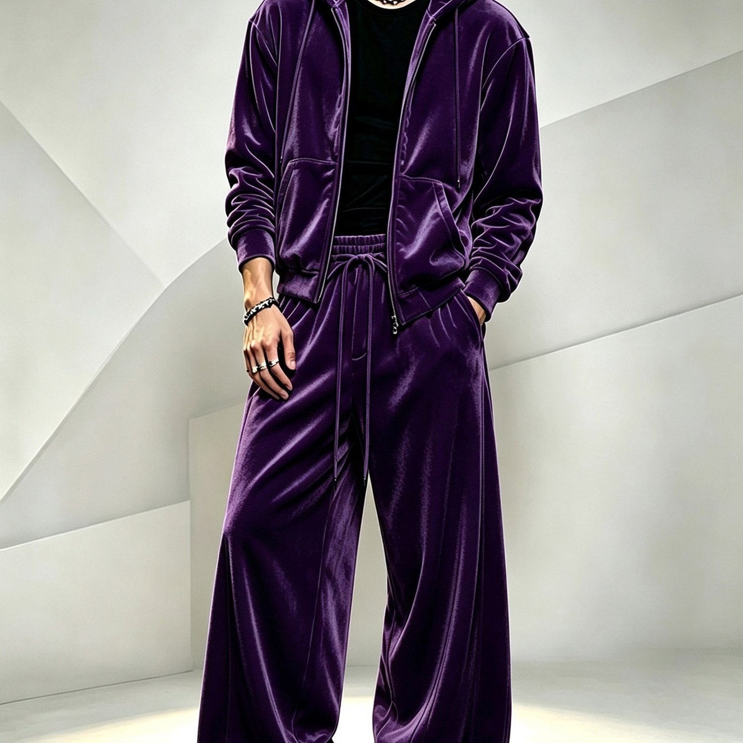 Image of Men's Velvet Casual Sports Suit, Featuring A Soft Plush Warm Hoodie And Wideleg Sweatpants, In A Retro Street Style For Autumn And Winter. In Multiple Sizes, Suitable For Daily And Outdoor Wear