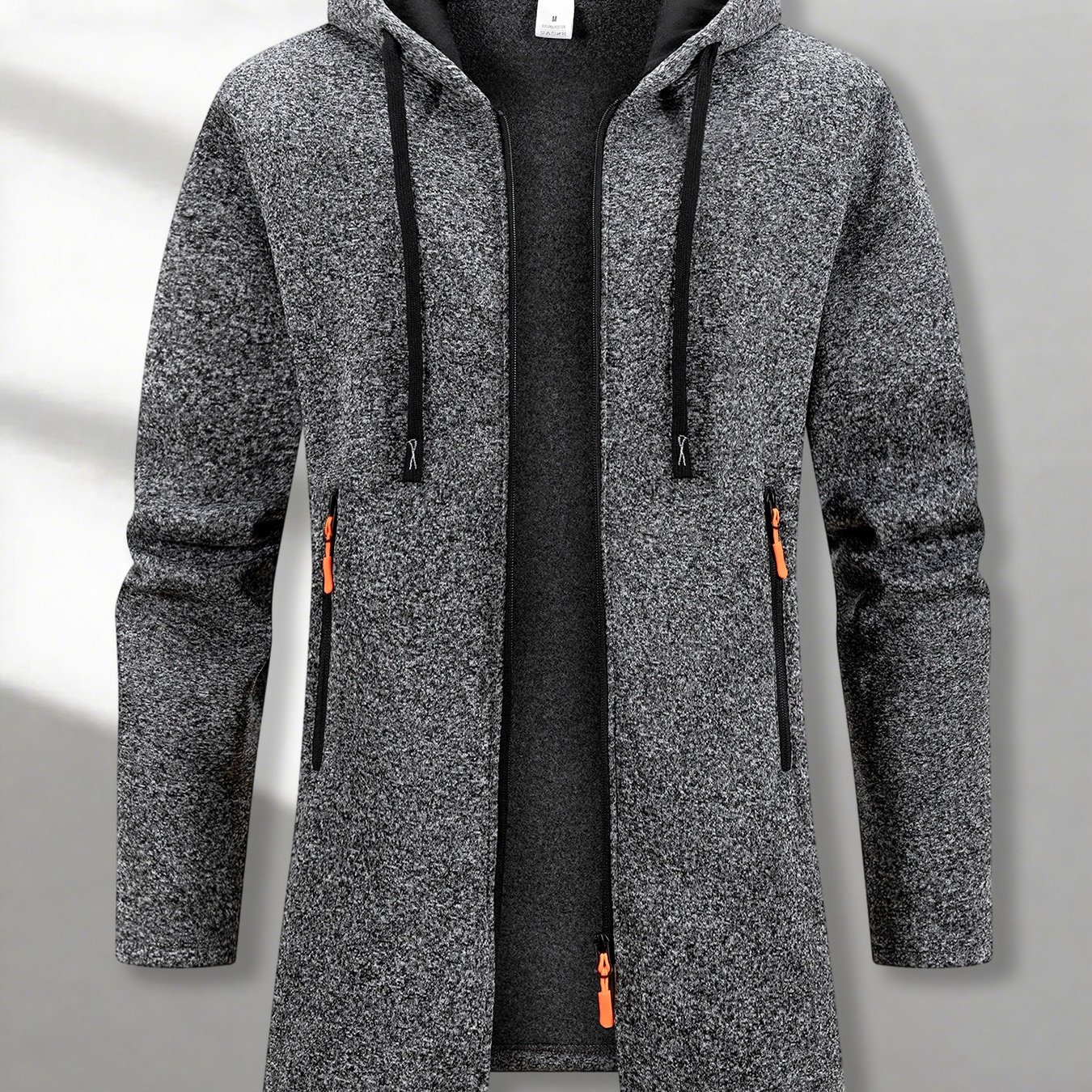 Image of Men's Casual Mid-length Hooded Jacket, Vintage Street Style Sweatshirt, Solid Color Warm Cardigan With Contrast Zipper Pockets, Suitable For Daily Casual Wear, Sports, Fitness, And Hiking