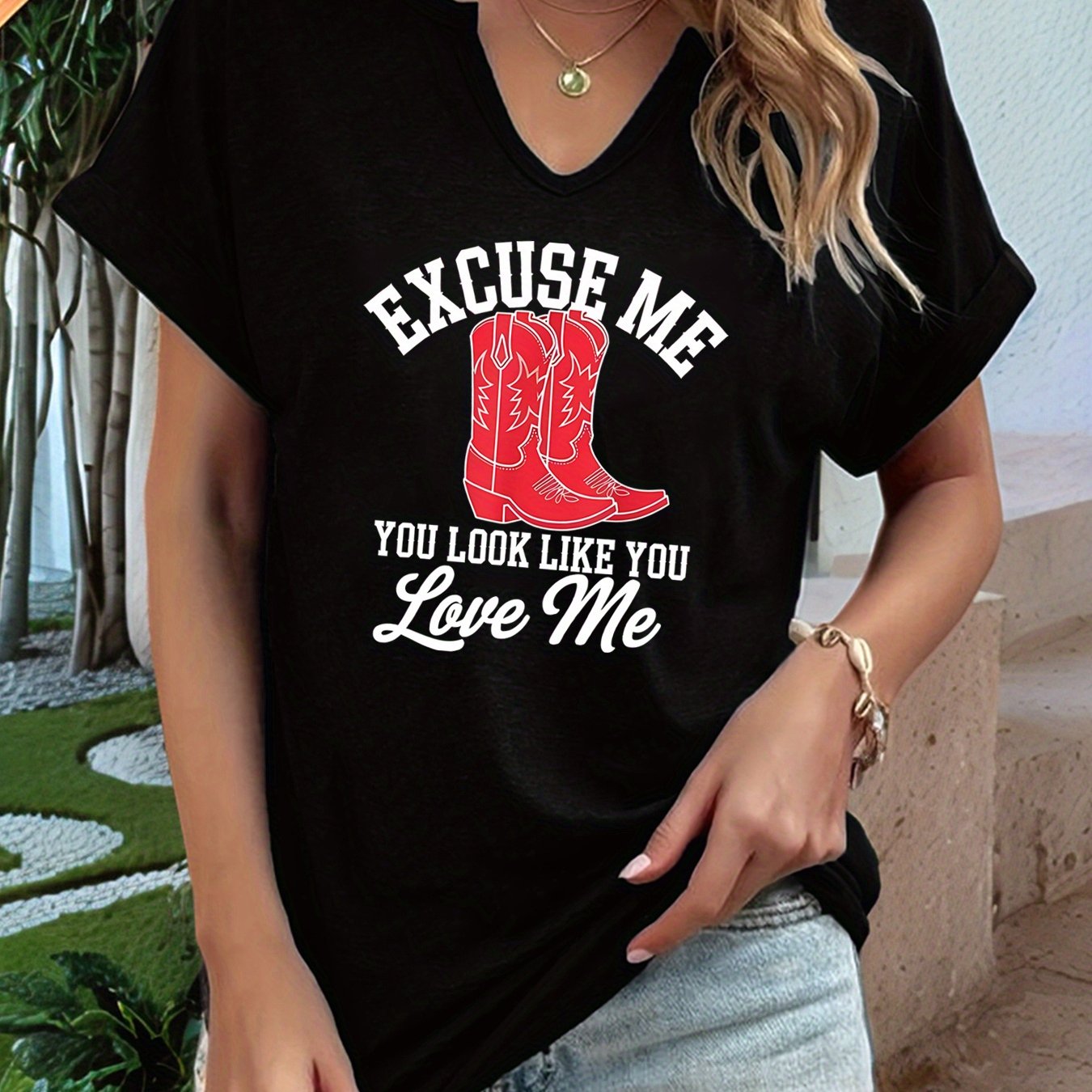TEMU Me You Look Love Me Letter Print T-shirt, Short Sleeve V Neck Casual Top For Summer & Spring, Women's Clothing