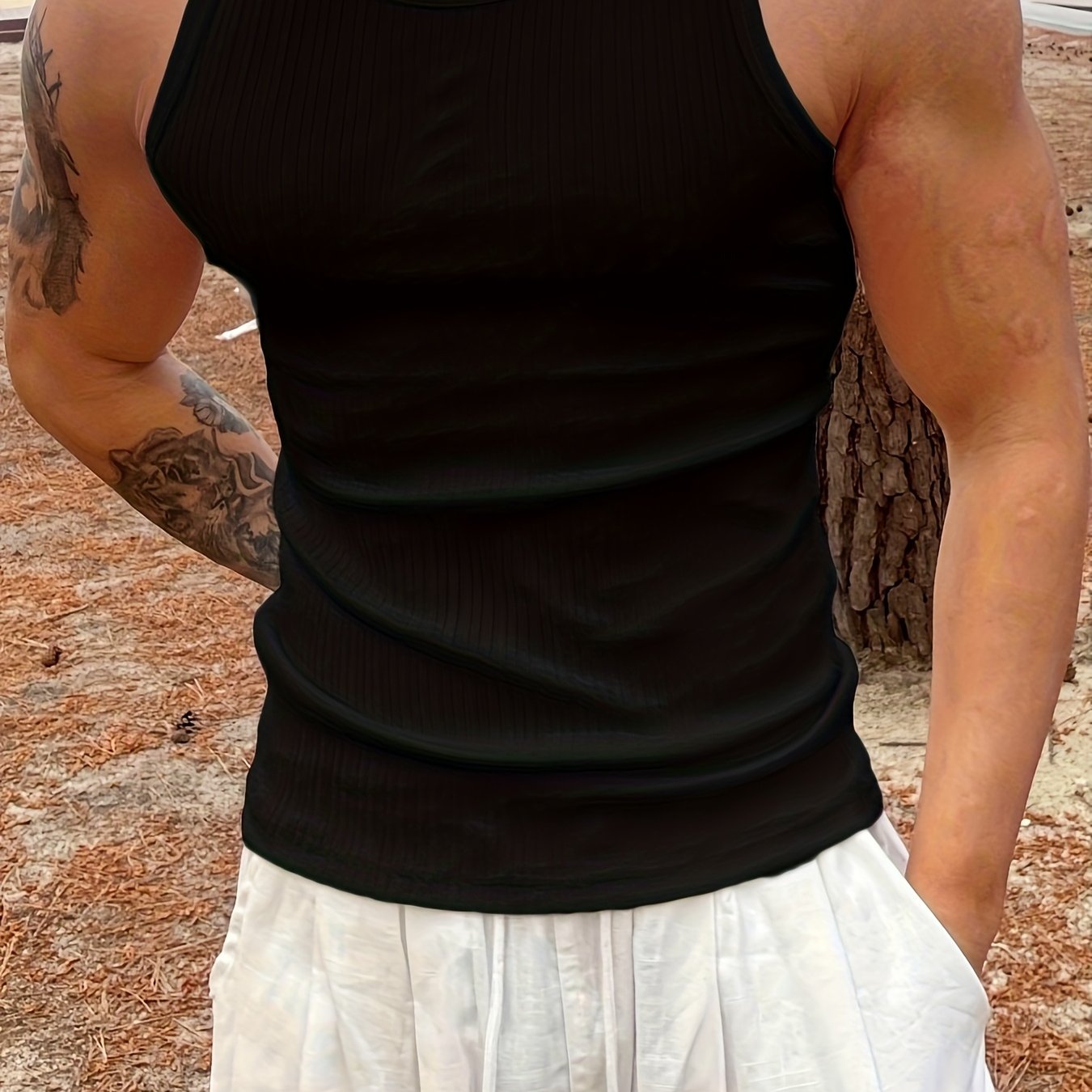 TEMU [xingmeng Zhi Obm] American Threaded Base Elastic Sports Casual Sweat-absorbing Tight Round Neck Vest, Sweat-resistant