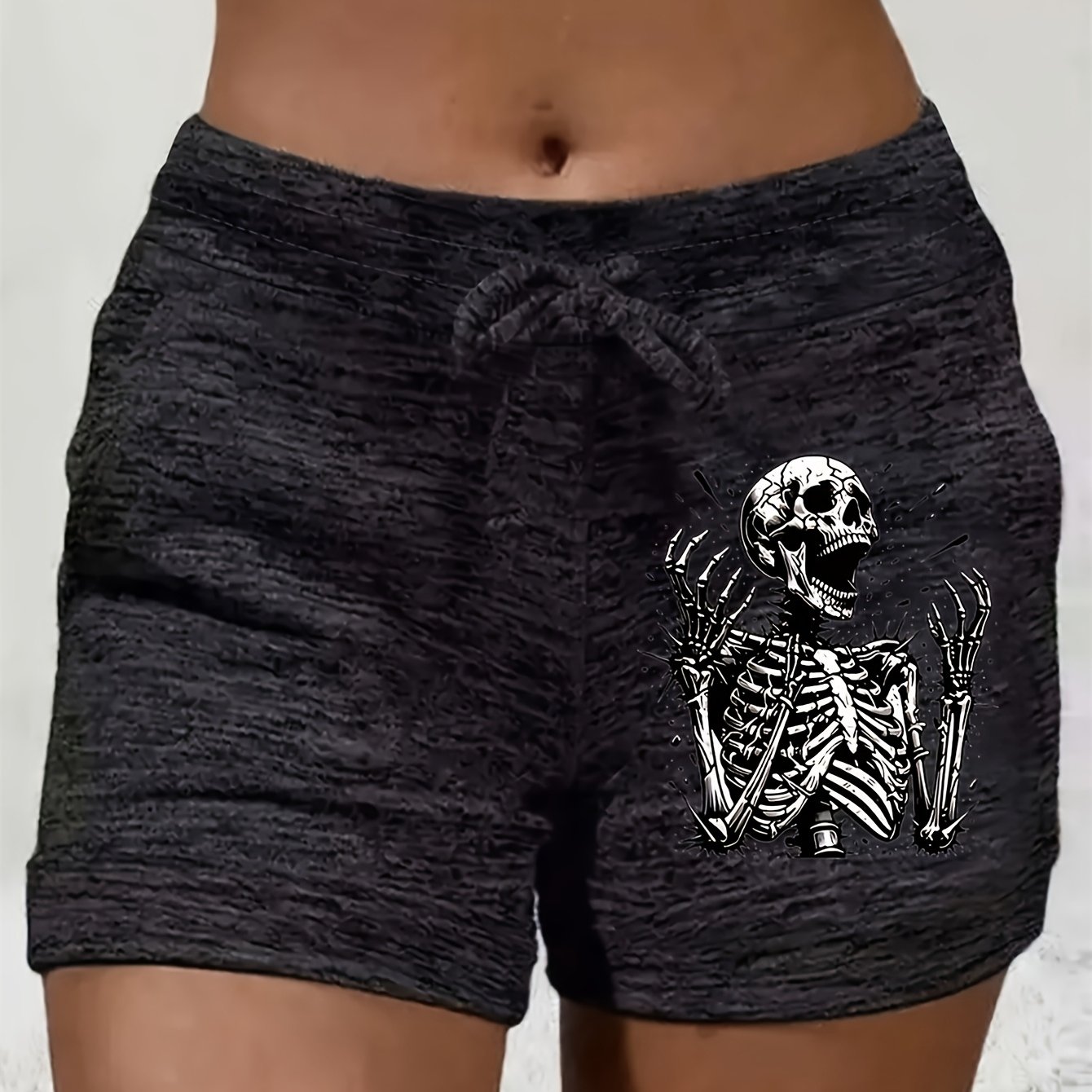 TEMU Women's Tropical Skeleton Print Drawstring Shorts - Dark Gray & Light Gray Stretchy Waistband, Lightweight Breathable Casual Shorts For Spring