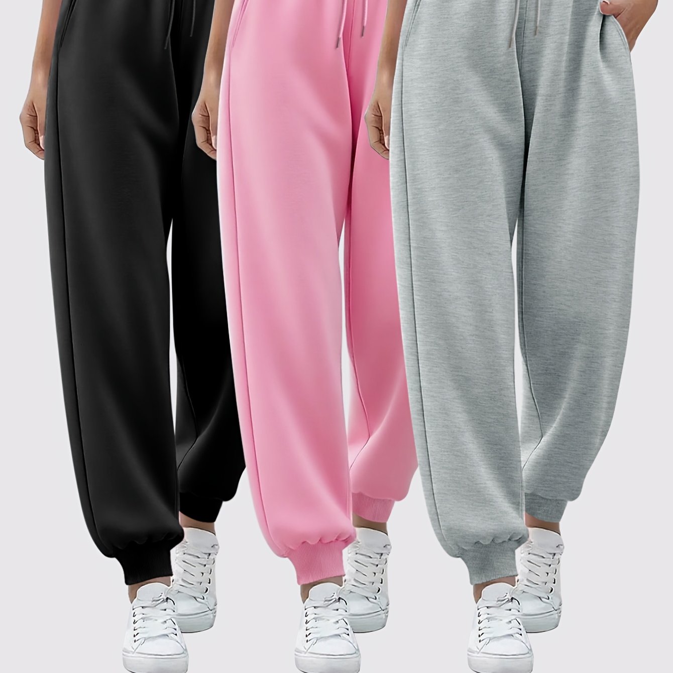 TEMU Plus Size, 3pcs Women' Color Jogger Pants - Elastic Waist Sweatpants With Options, Machine Washable Non-sheer & Casual Pants Suitable For,