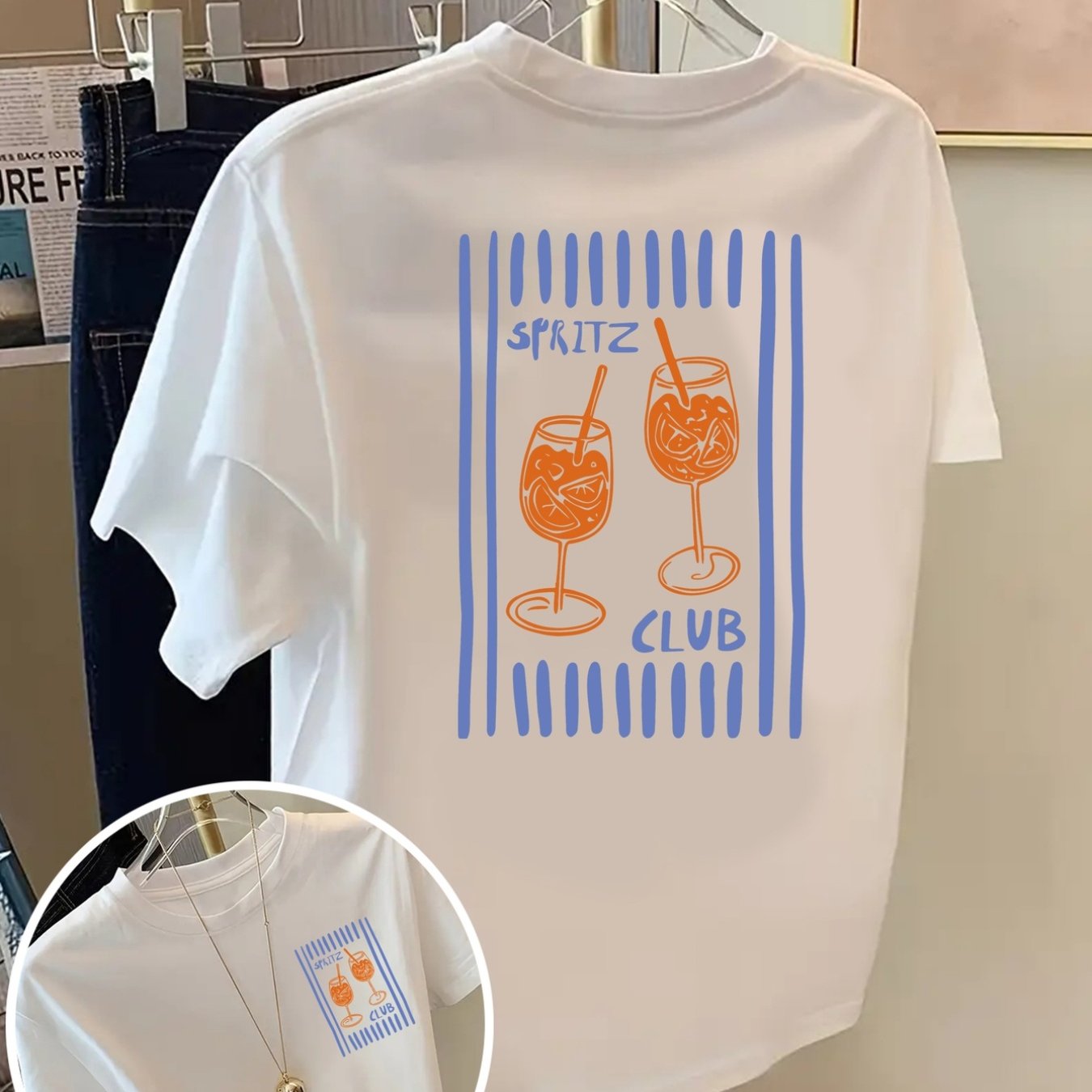Image of Double-flower Print, Front And Back Printed Short-sleeve Top, Club, Cocktail Illustration Print Round-neck Women's Casual Short-sleeve Top - , , Fashionable Item