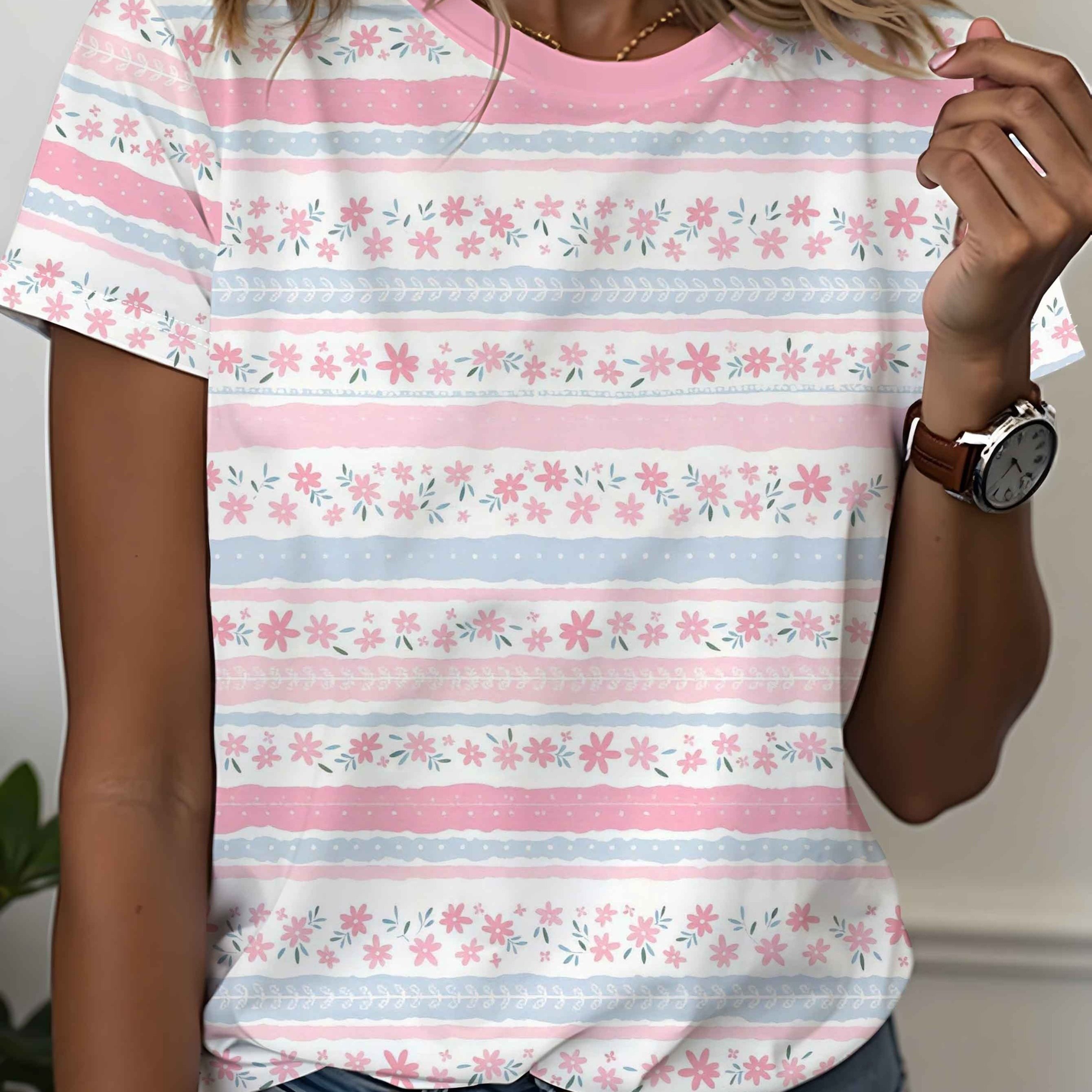 TEMU Women's T-shirt Full Print Short Sleeve Macaron Contrast Striped Small Floral Full Print Age-reducing Gentle Style T-shirt Comfortable Fabric,