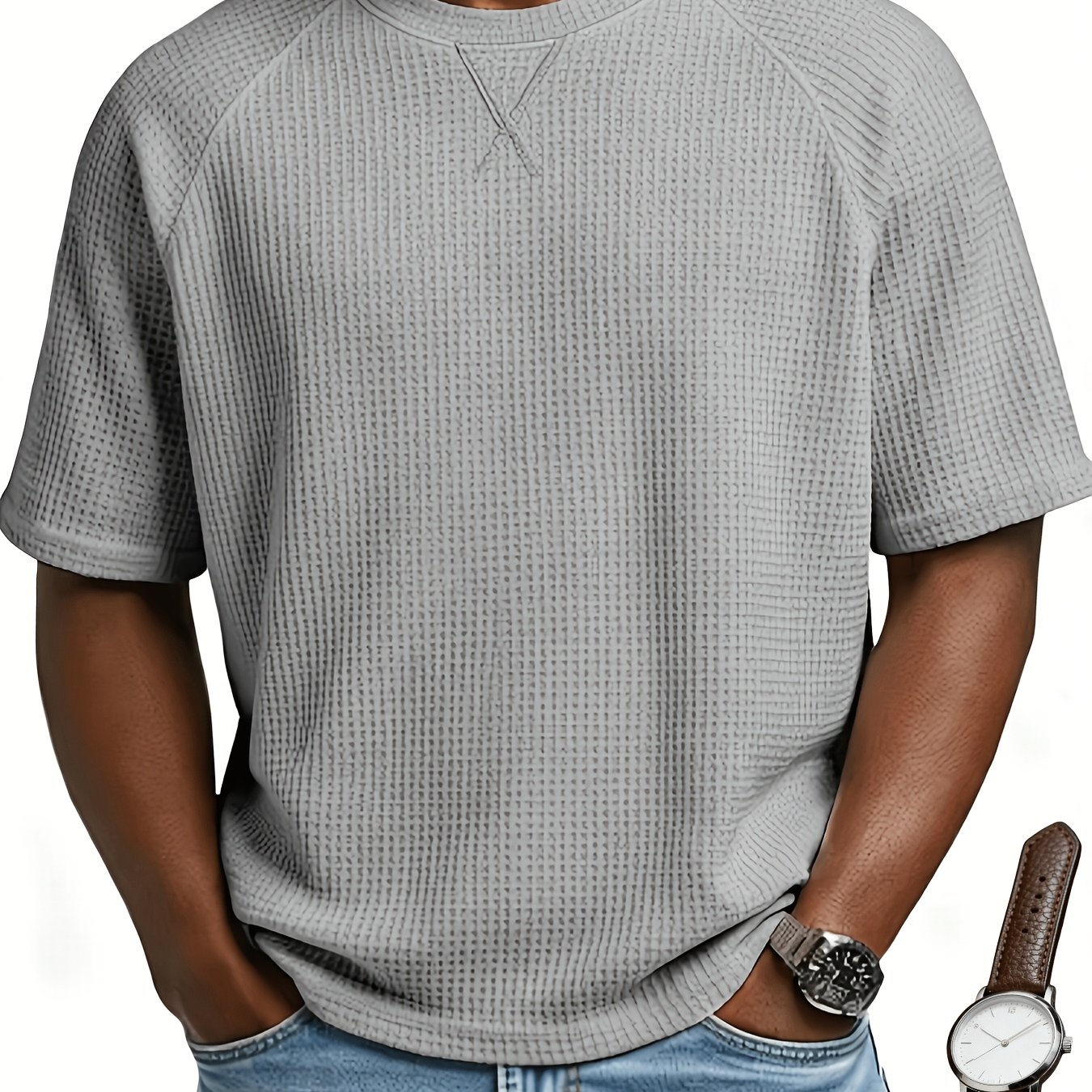 TEMU Men's Waffle Knit Raglan Sleeve T-shirt - Loose Fit Short Sleeve Crew Neck, Breathable Waffle Texture, Solid Color Casual & Athletic Wear