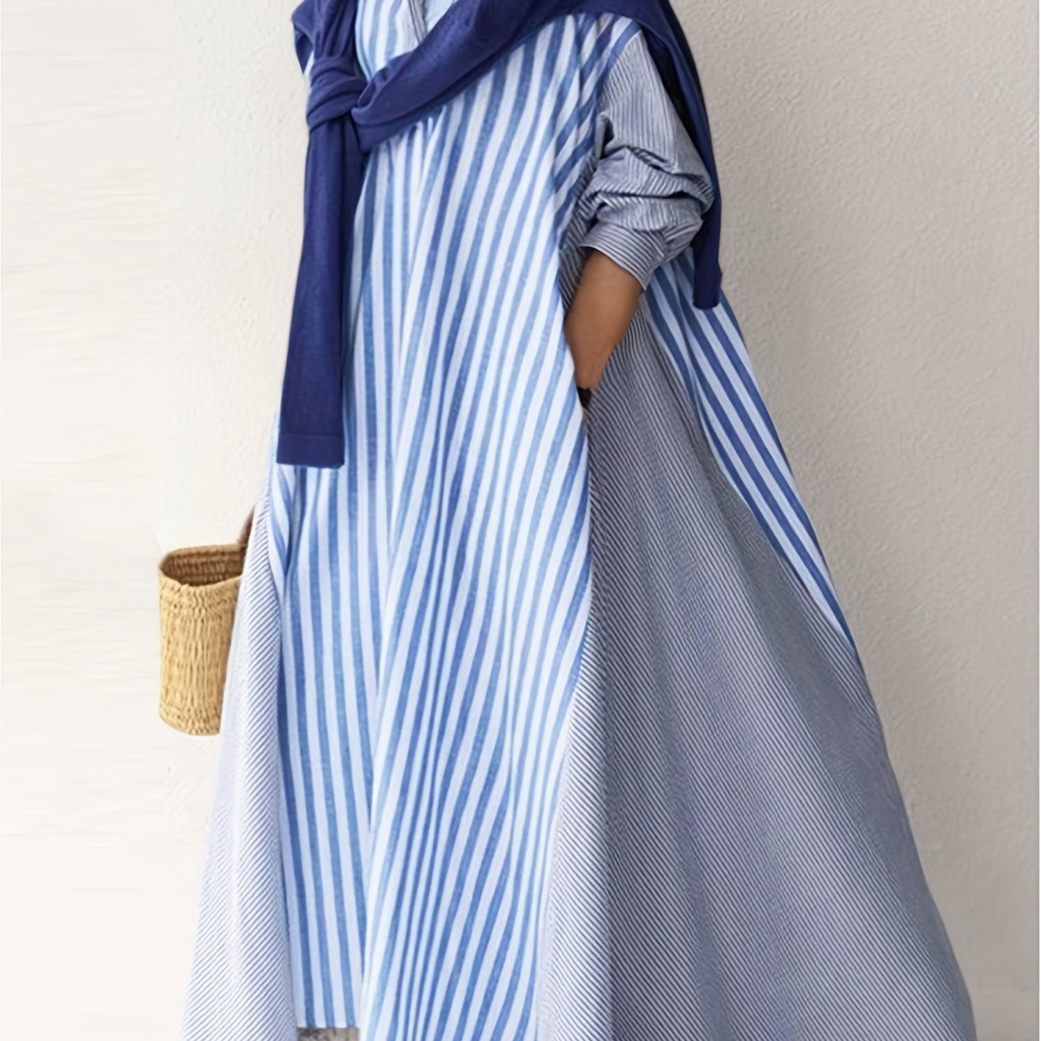 TEMU Plus Size Women Lapel Long Sleeve Stripe Stitching With Casual Shirt Dress