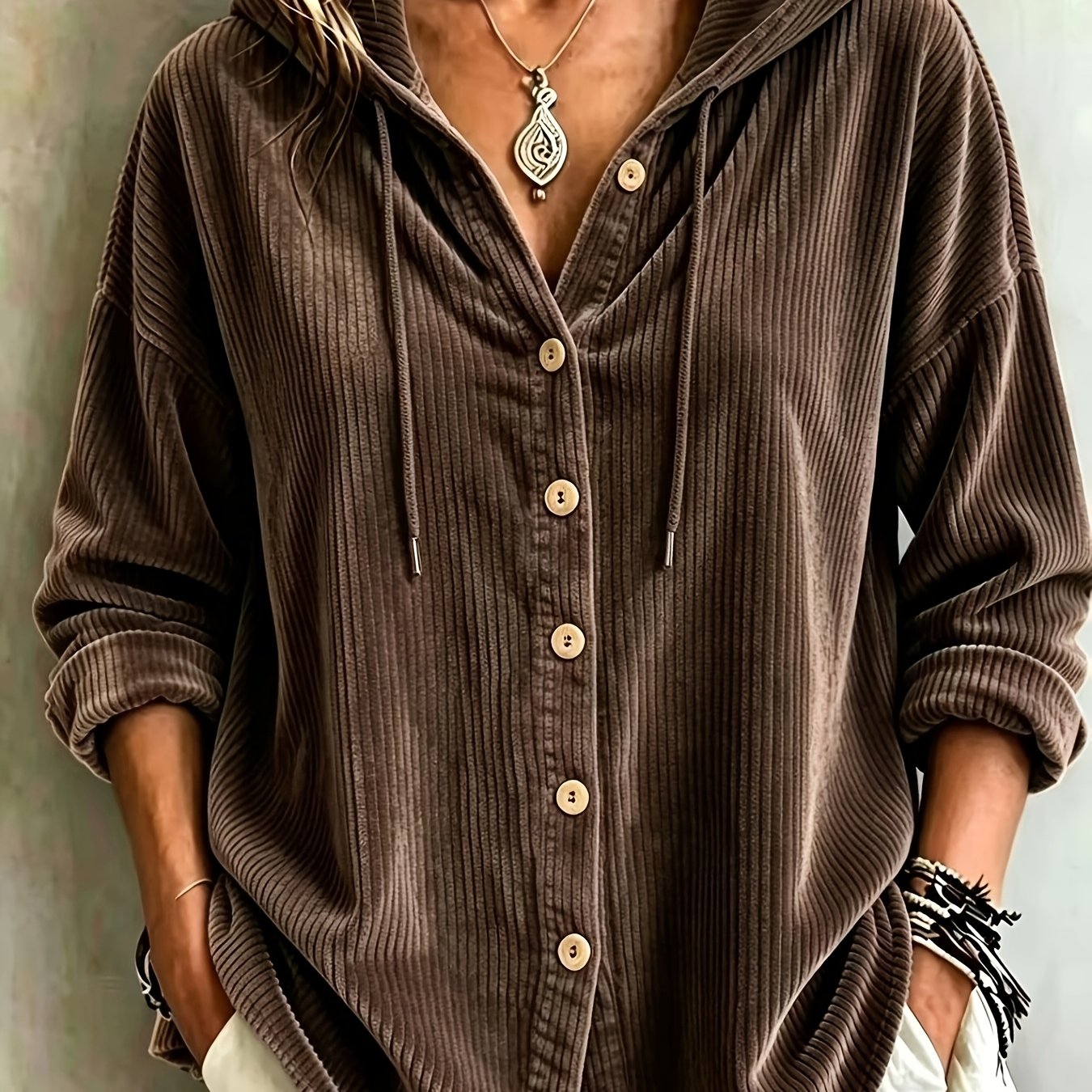 TEMU ZJ260826035 Chemise à capuche pour femme en velours à texture gaufrée , à simple boutonnage et ouverture sur le devant, coupe , épaules