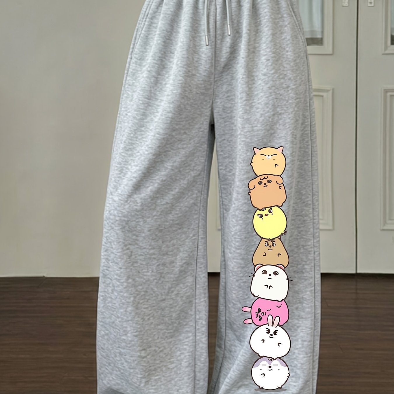 TEMU Korean Style Soft Cute Stacked Rabbit Cat Print High-waisted Drawstring Wide-leg Pants, Floor-length, Casual Sweatpants
