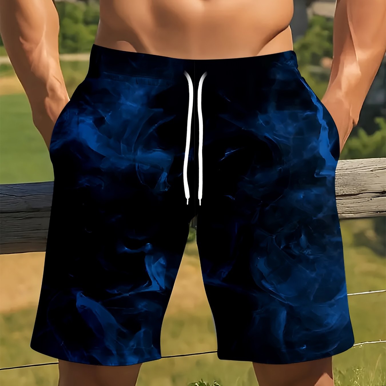 TEMU [printed Design - Non-textured] 2026 's Quick-dry Swim Trunks - Fashionable Blue Geometric Pattern, Casual Summer Beachwear, Adjustable
