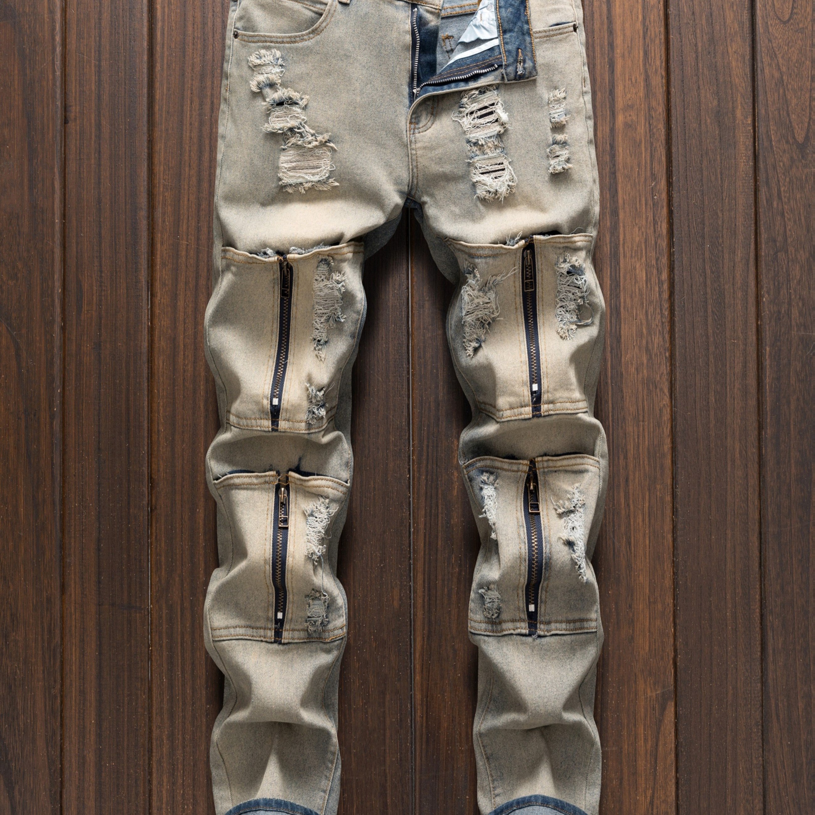 Image of Men's Distressed Patched Denim Pants With Mud-dyed Vintage Look - Slim-fit Straight Leg Zipper Pockets & Frayed Hem/tears - Machine Washable Casual Streetwear Trousers