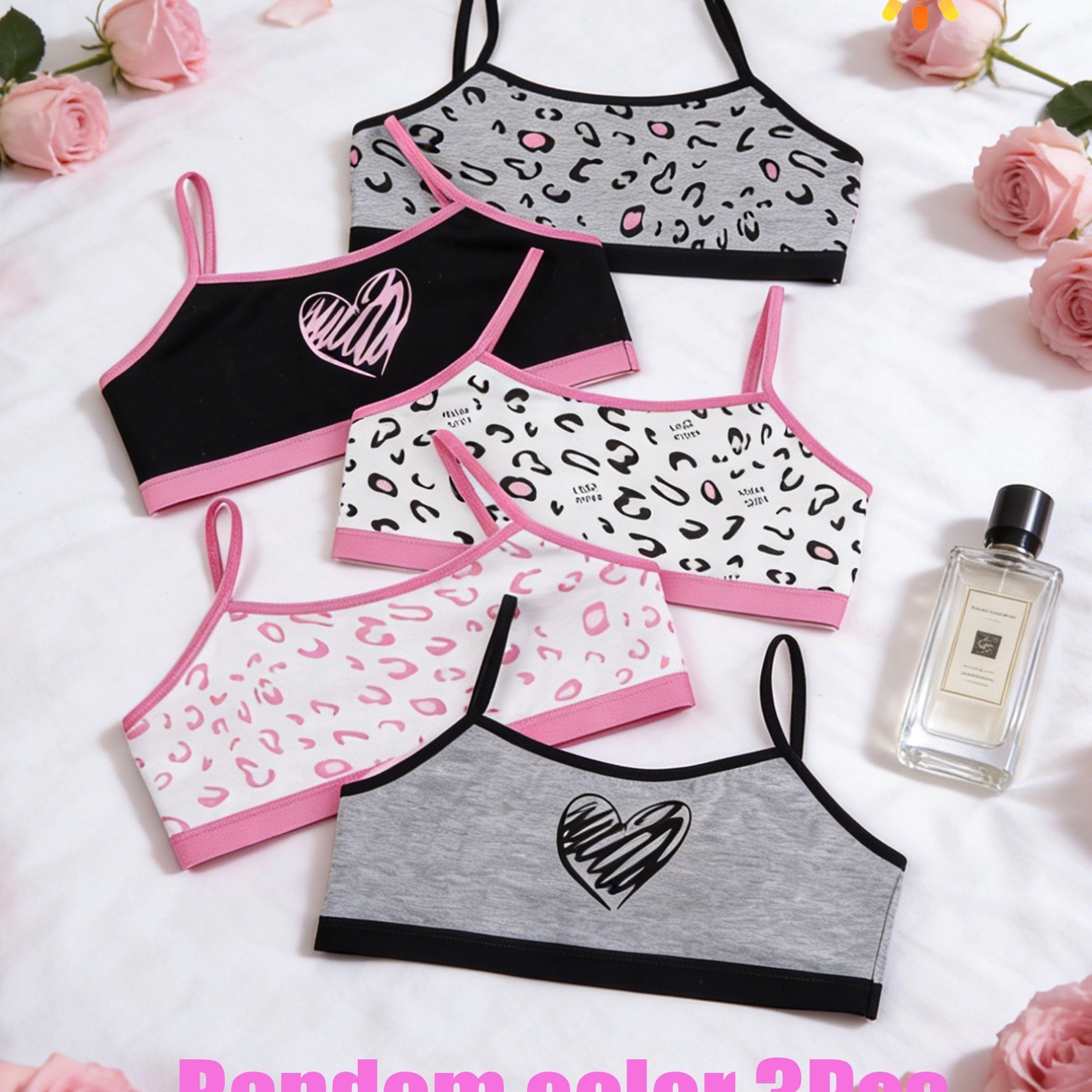 Random 3pcs Set Girls' Lingerie, Featuring Comfortable And Fashionable , With Heart-shaped Leopard Print Contrast Vest