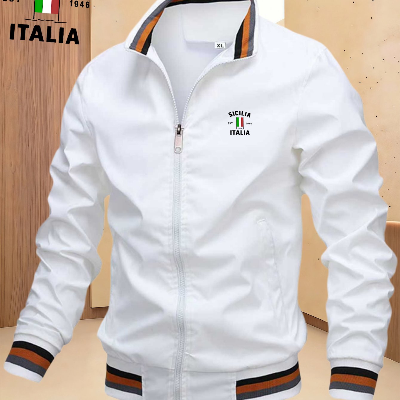 TEMU Men's Athletic Solid Color Collar Jacket, Striped Velvet Hem Lightweight Windproof Warm, Classic Creative Italian Flag Painting Theme, Outdoor