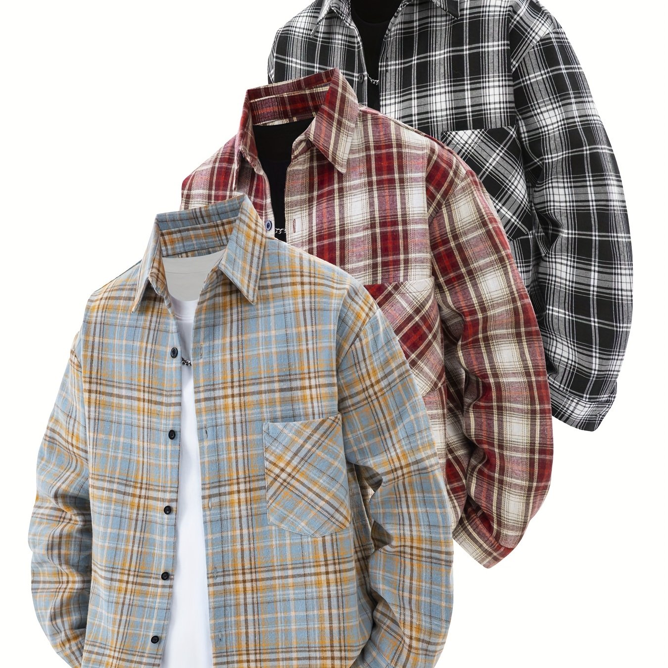 Image of 3pcs Set - Men's Spring/autumn Lapel Shirt Youth Outdoor Casual Men's Fashion Versatile
