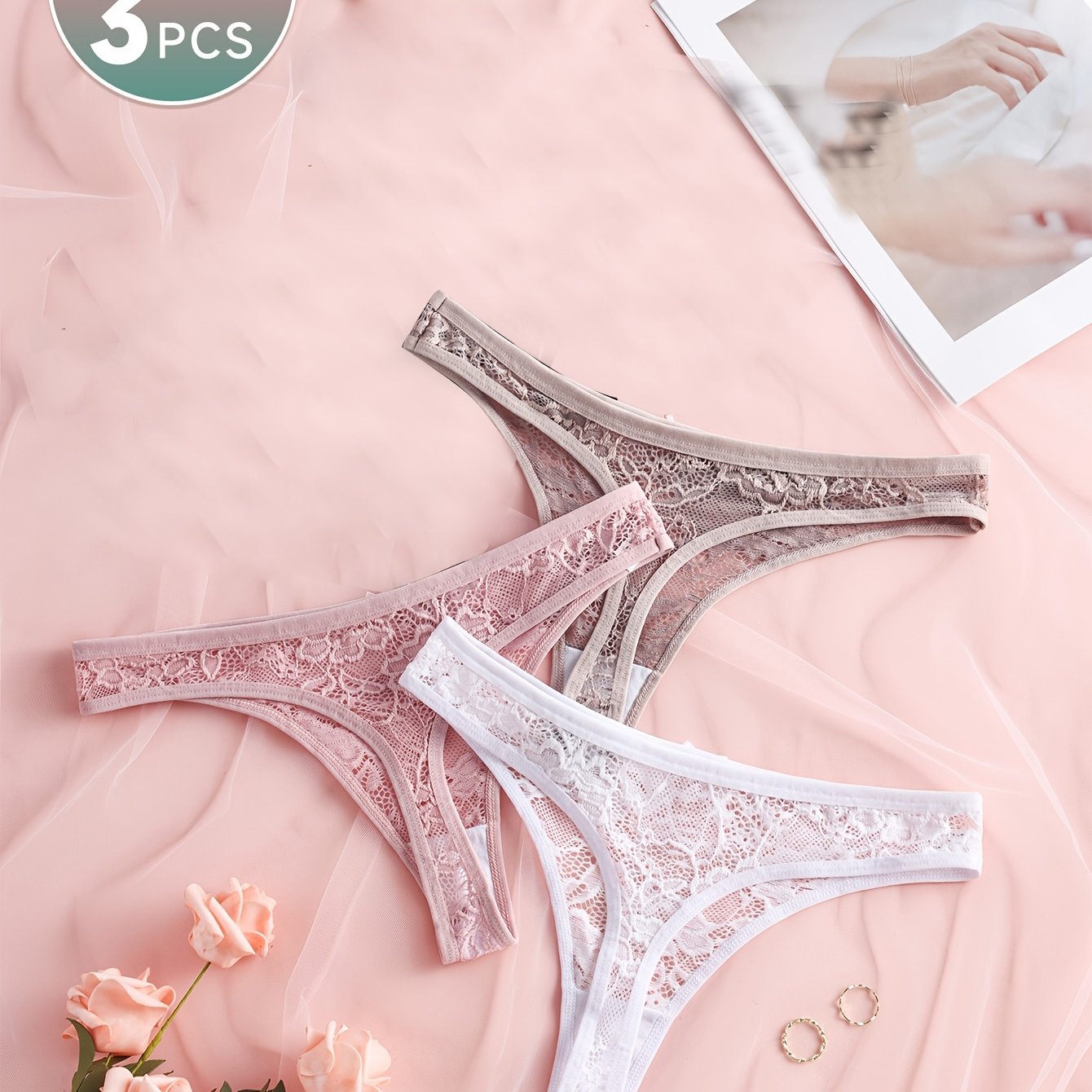 TEMU 3pcs Random Color Bow Decoration Lace Low-waist Thong, Autumn And Winter Sexy Comfortable Soft Breathable Elastic Underwear, Women's Underwear