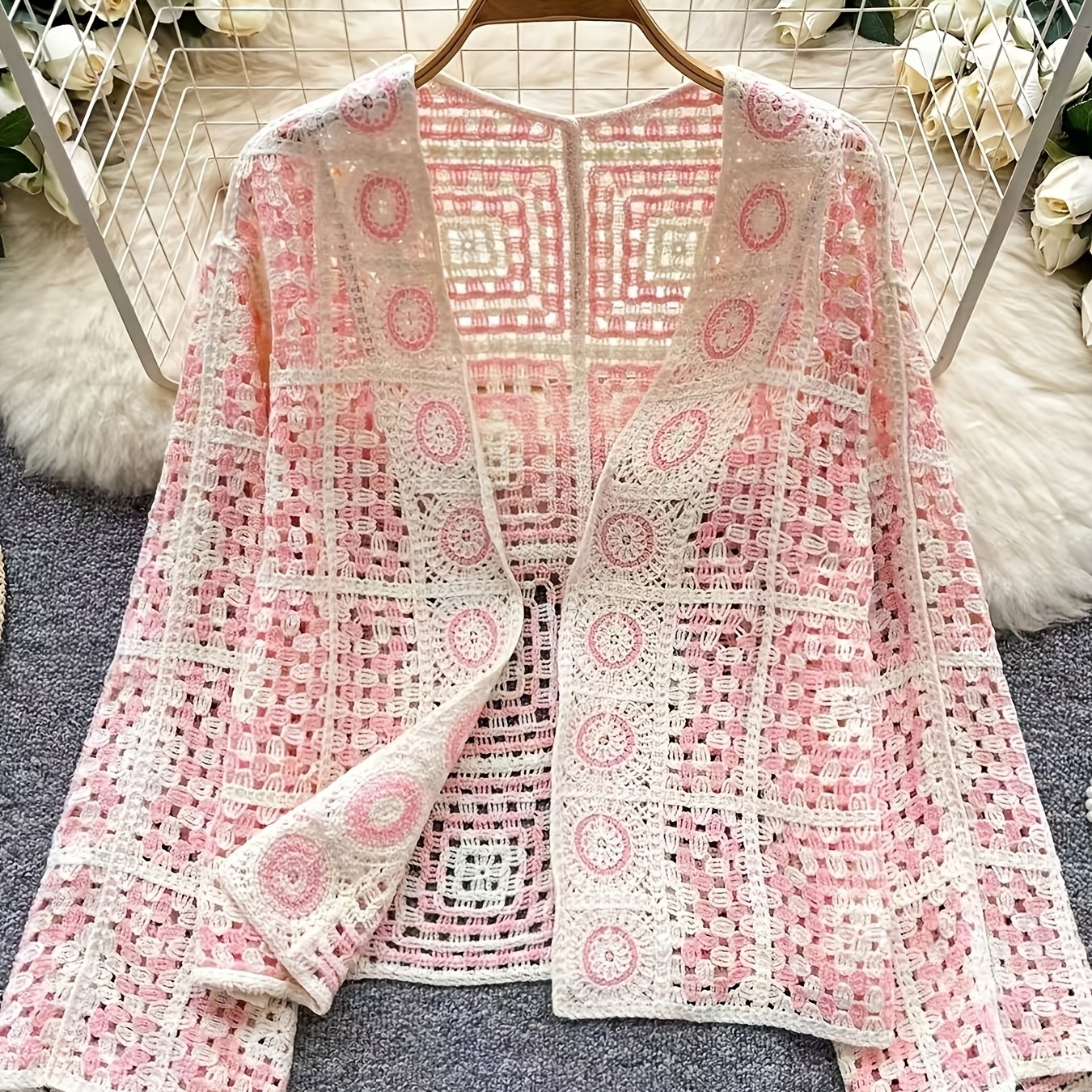 E-shop Y2K Cardigan Jacke im französischen Stil für Damen, handgefertigt, gehäkelt, V-Ausschnitt, lockere Outfit-Date, Büro, Pendel, Oberbekleidung,