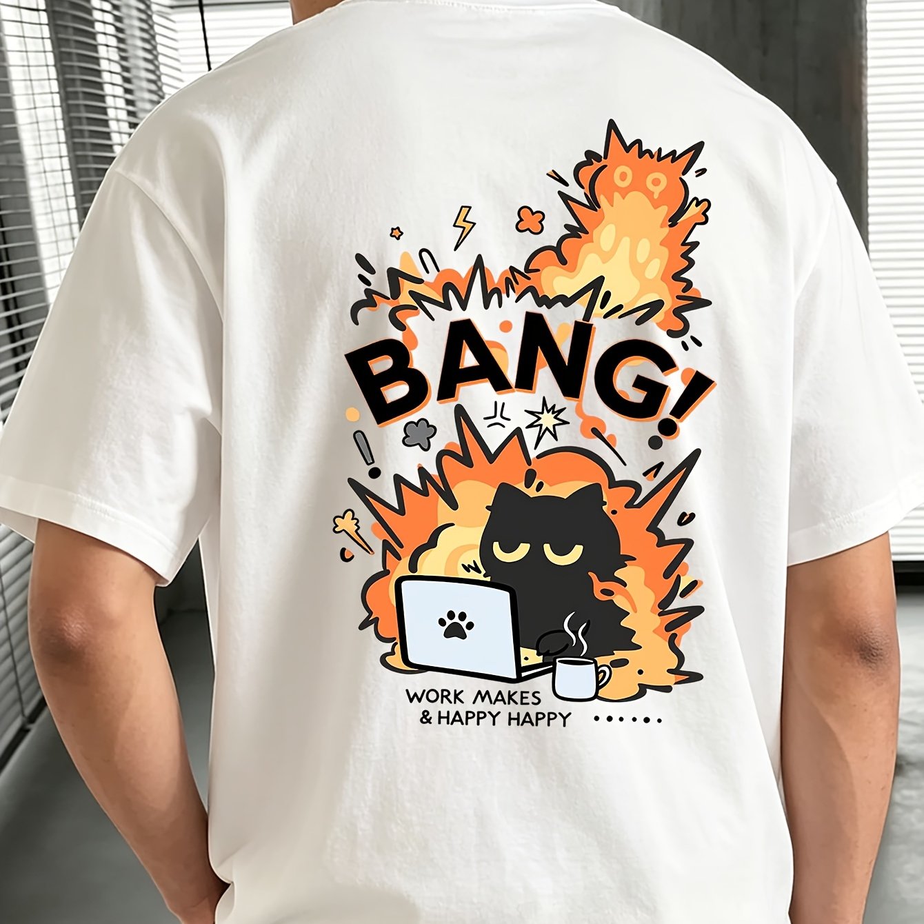 'bang! Work Cat Graphic Tee | Men's Summer Loose Fit Kawaii Humor T-shirt'