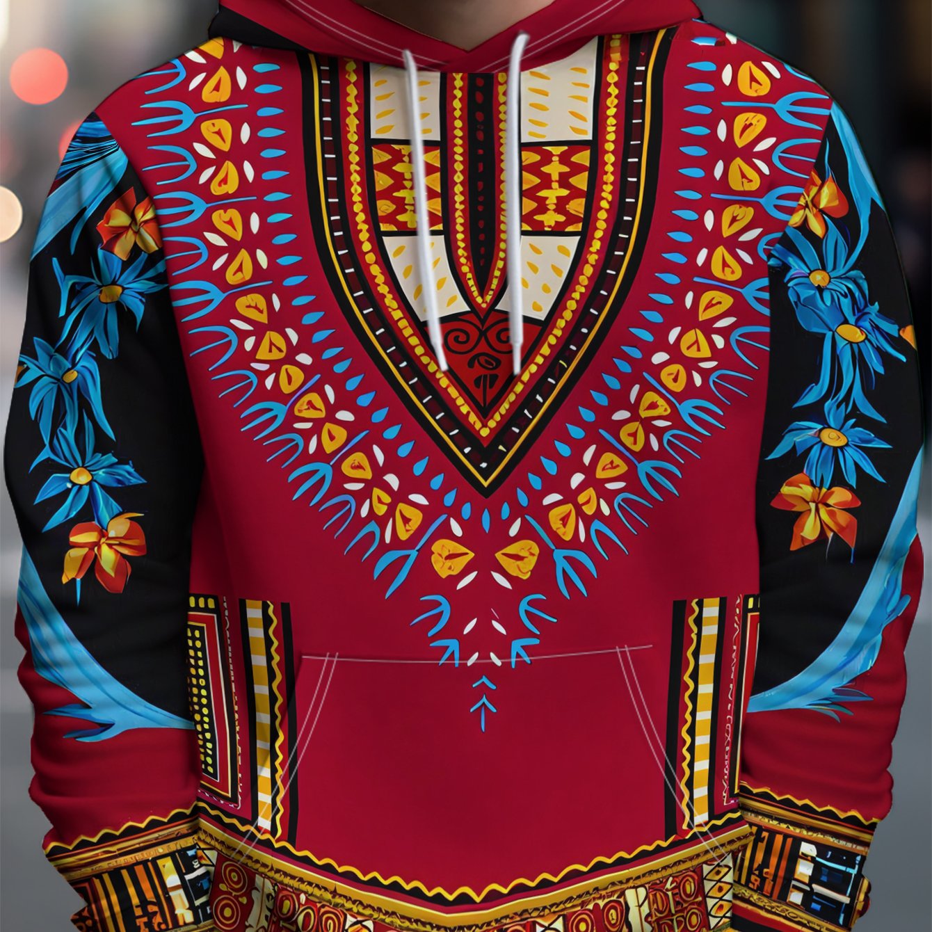 TEMU Men's African-inspired Hooded Sweatshirt - Red & Multicolor Tribal Print Hoodie With Ghanaian Cloth Pattern, Casual Pullover For Cultural Events