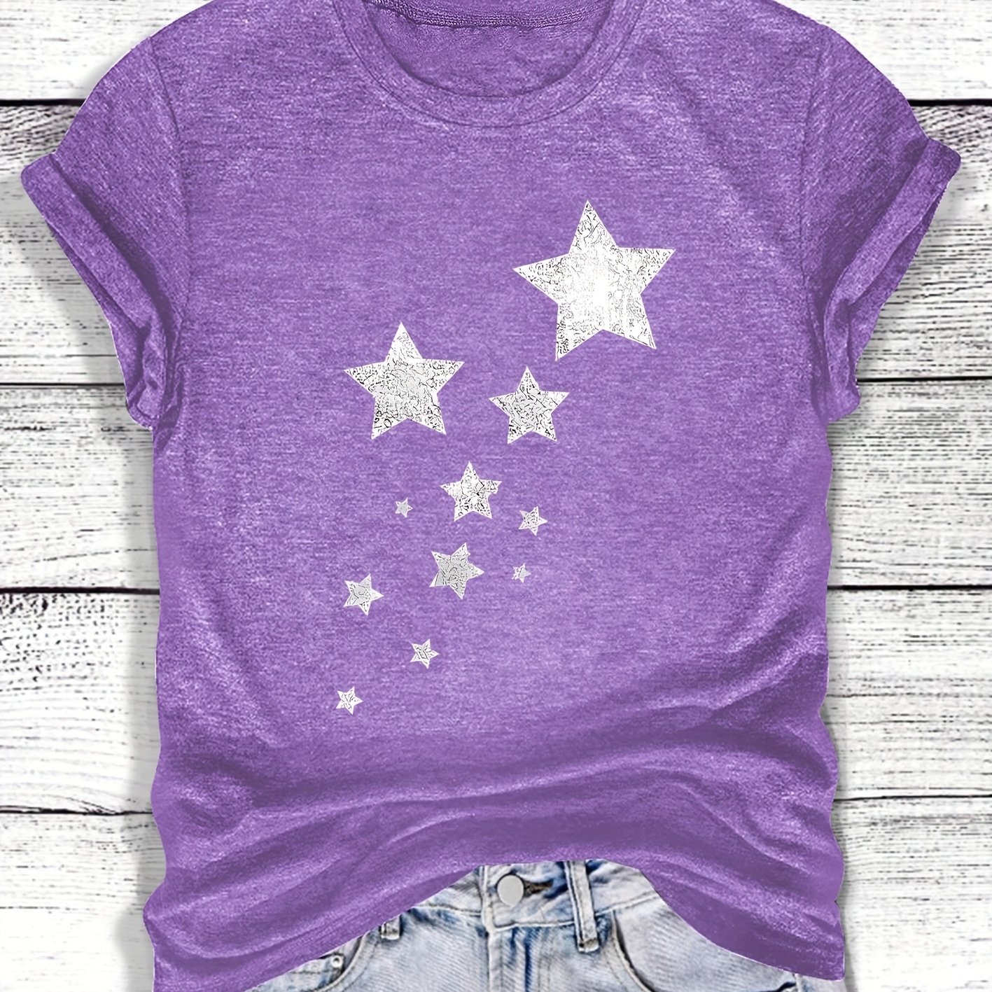 TEMU Women's Casual Short Sleeve T-shirt With Scattered Star Graphic - Relaxed Fit Round Neck, Medium Stretch Fabric, Machine Washable, , Options