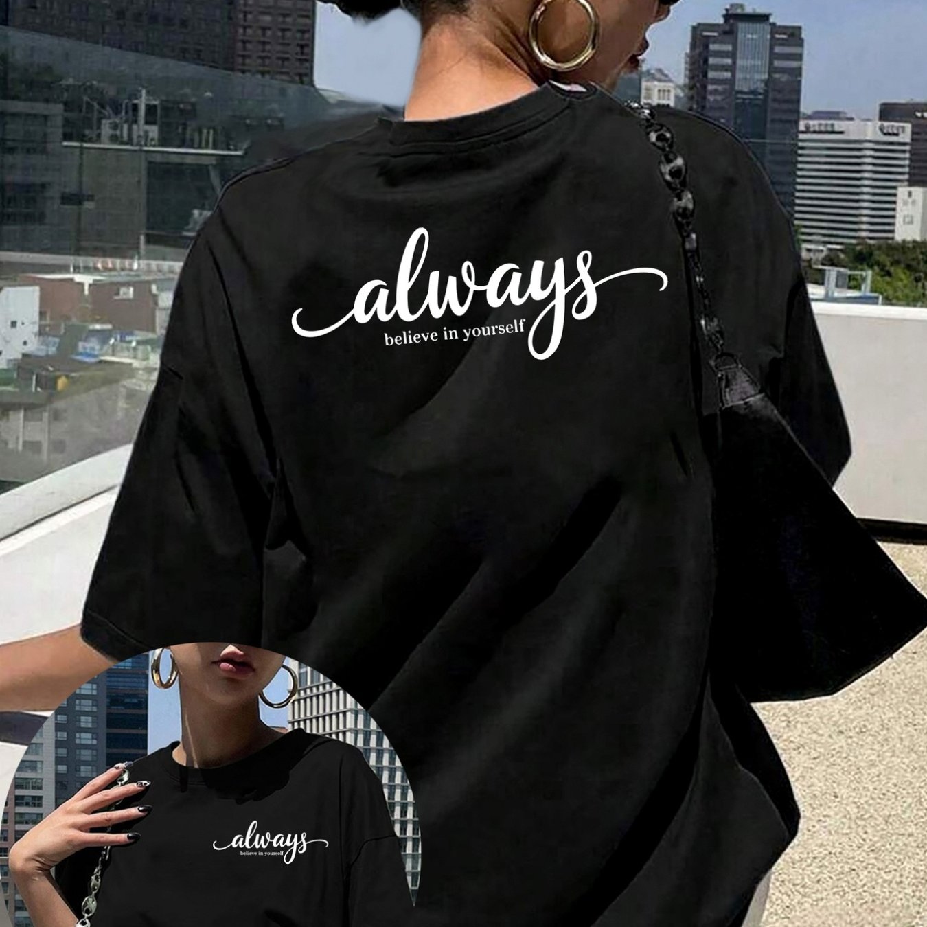 TEMU Women's Letter Print Tshirt Motivation, Believe In Yourself Black Shortsleeved Round Neck Casual Top, Medium Elastic Breathable Fabric, Machine