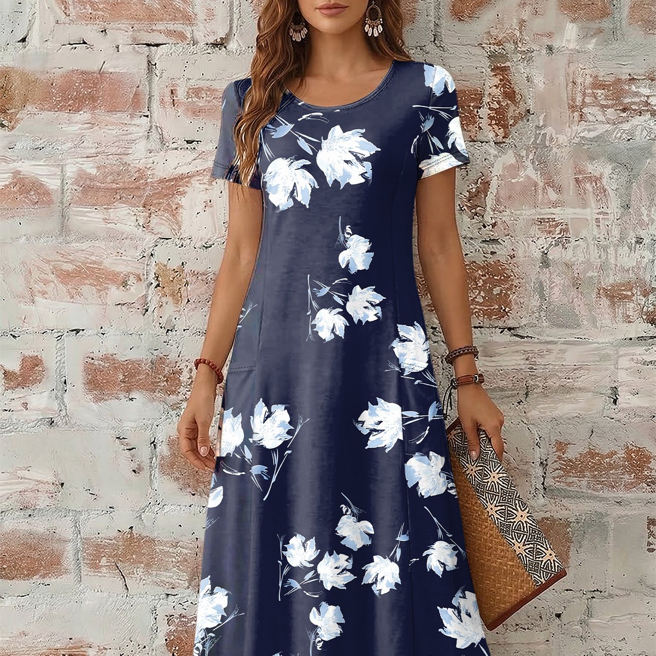 TEMU Women's Elegant Short Sleeve Maxi Dress With Pocket - Loose Fit Round Neck Beach Dress Suitable For Summer, Casual To Dressy Outfits, Machine
