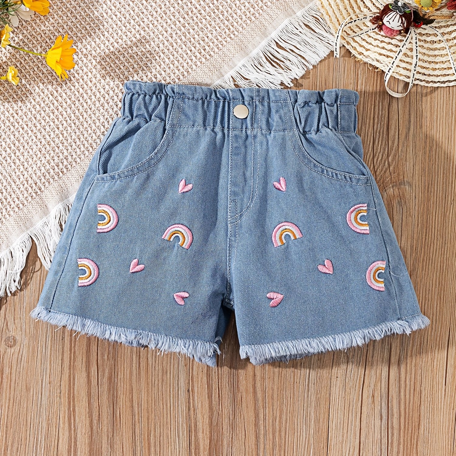 Girls' Bohemian Denim Shorts With Rainbow Embroidery & Elastic Waistband - Pink Suitable For Young, Loose-fit Edge Beach Shorts, Machine Washable Casual Summer Shorts For, , Casual Attire ( To)