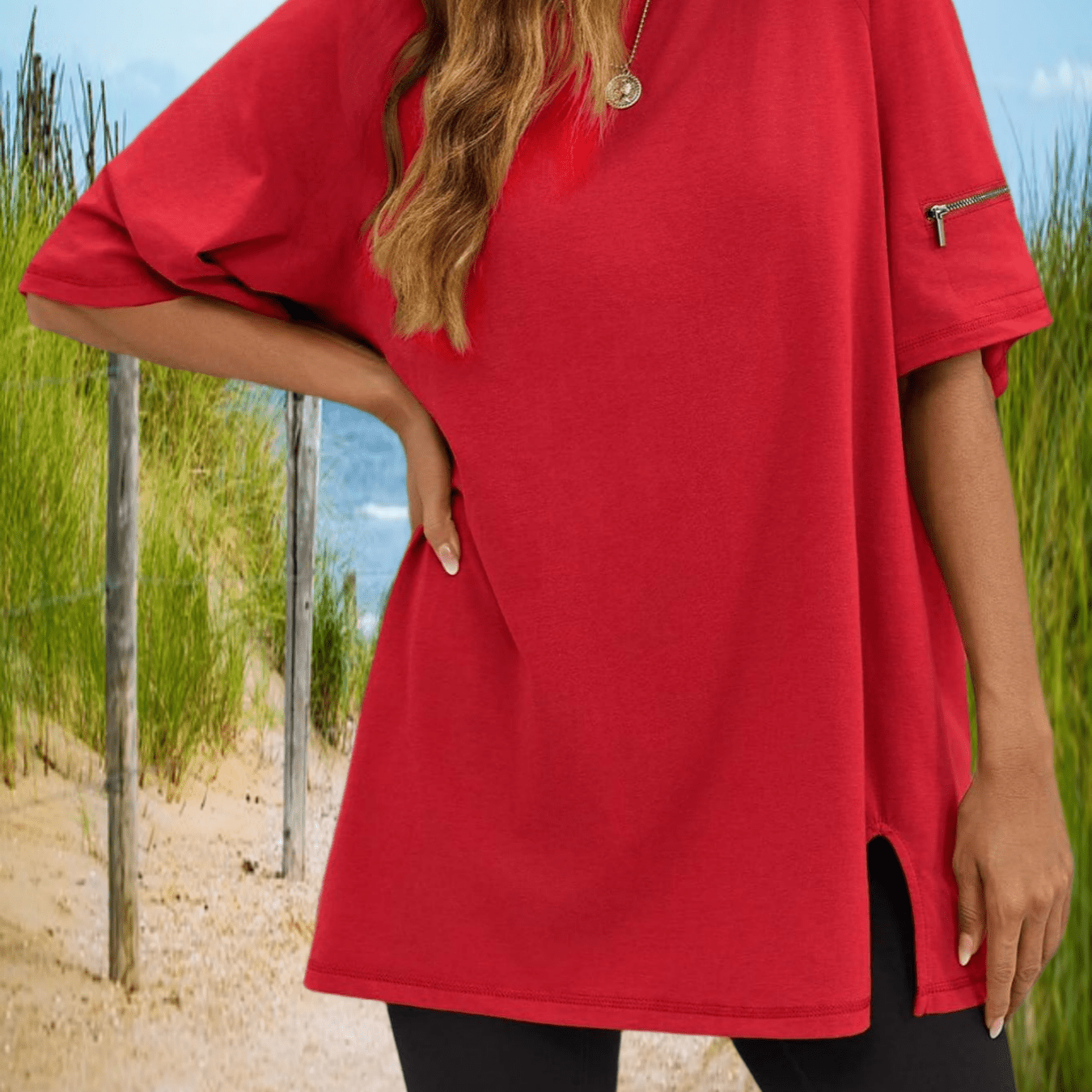 Women's Summer Daily Tees Oversized T-shirts Split Hem Raglan Short Sleeve Casual Loose Fit Tops