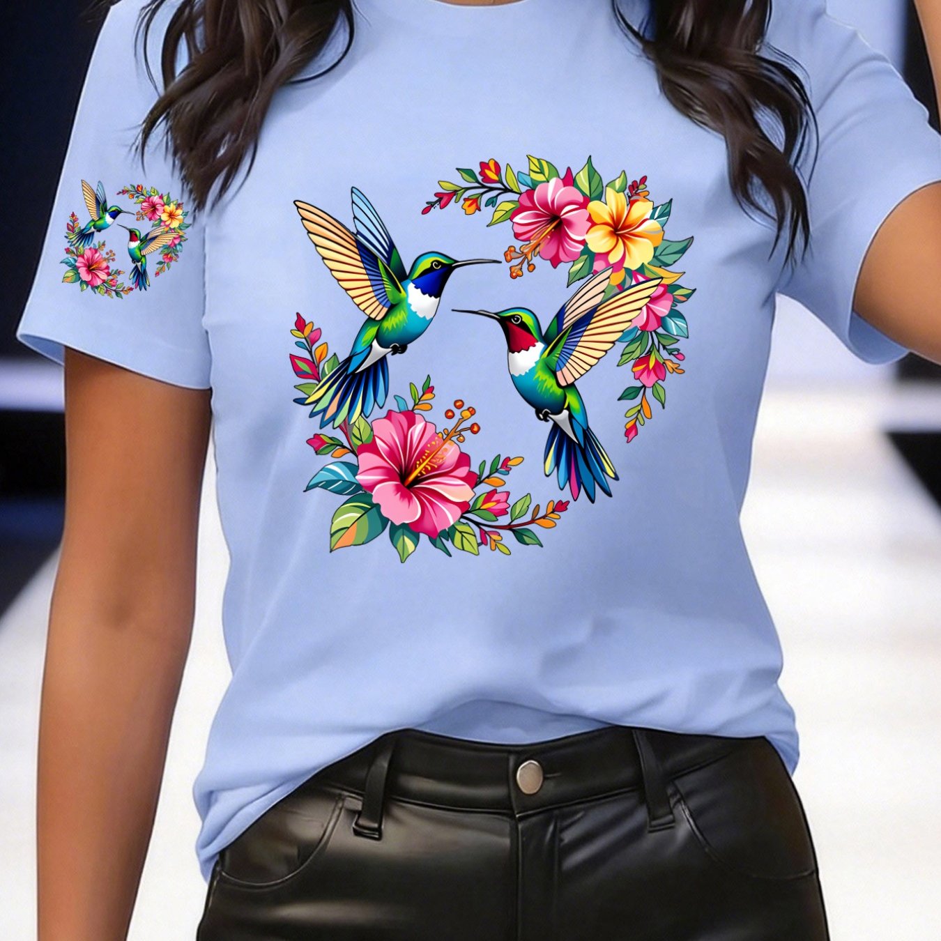 TEMU Neck Short Sleeve T-shirt With Hummingbird Floral Surround Pattern, Colorful And Vibrant - Elegant And Fashionable - Y2k - Women's Casual