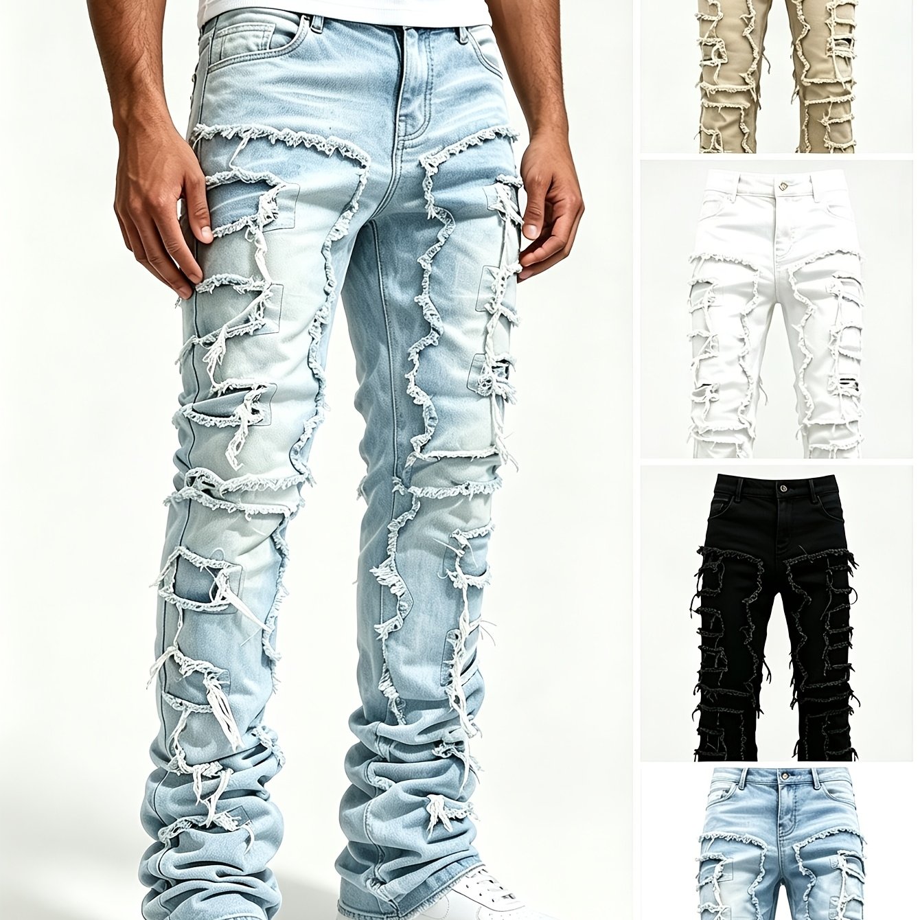 TEMU Outfits ( In ) Only 1 Pair, Teenager Ripped Jeans, Retro Street Style, Patch Fabric, Popular Ripped Jeans, Fashionable Splicing, Slim Fit Jeans,