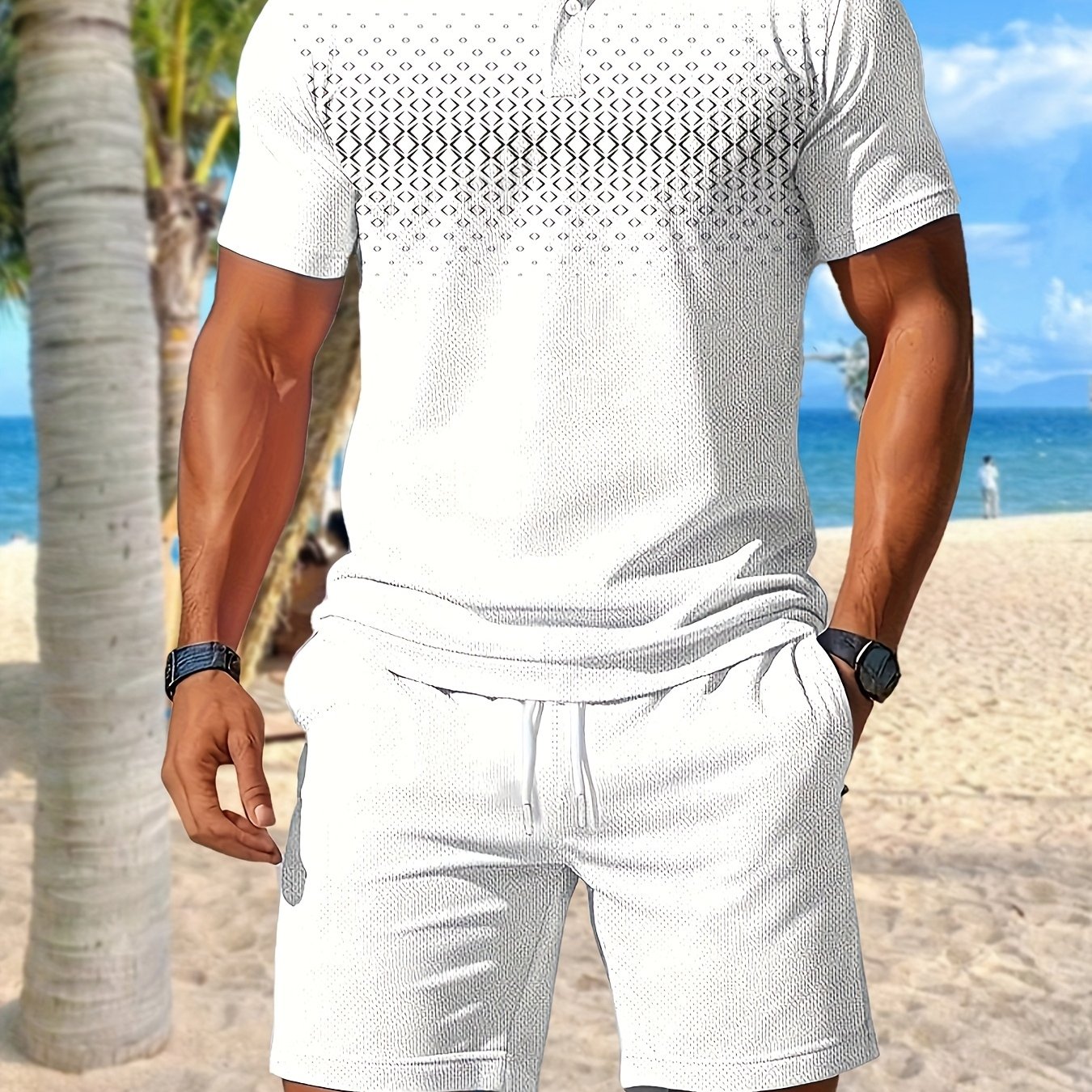 Men's Summer Casual Sport Set: Short Sleeve Shirt, Drawstring Waist Shorts With Pockets, Geometric Print , Breathable Quick-dry Soft Mesh Fabric For Beach And Golf Outdoor Activities M026