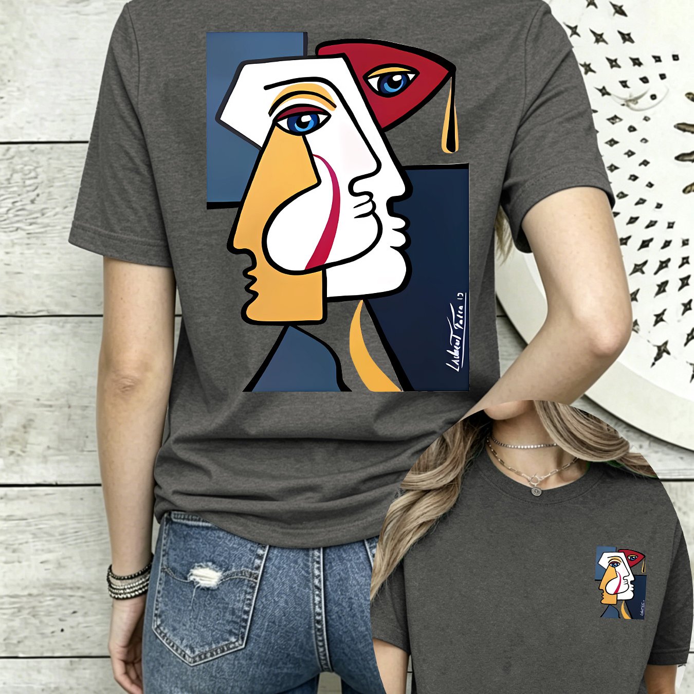 TEMU Front And Back Print Short Sleeve T-shirt - Picasso, Cubism Fashion Print - Women's Spring/summer Trendy Printed T-shirt, Fashion Item