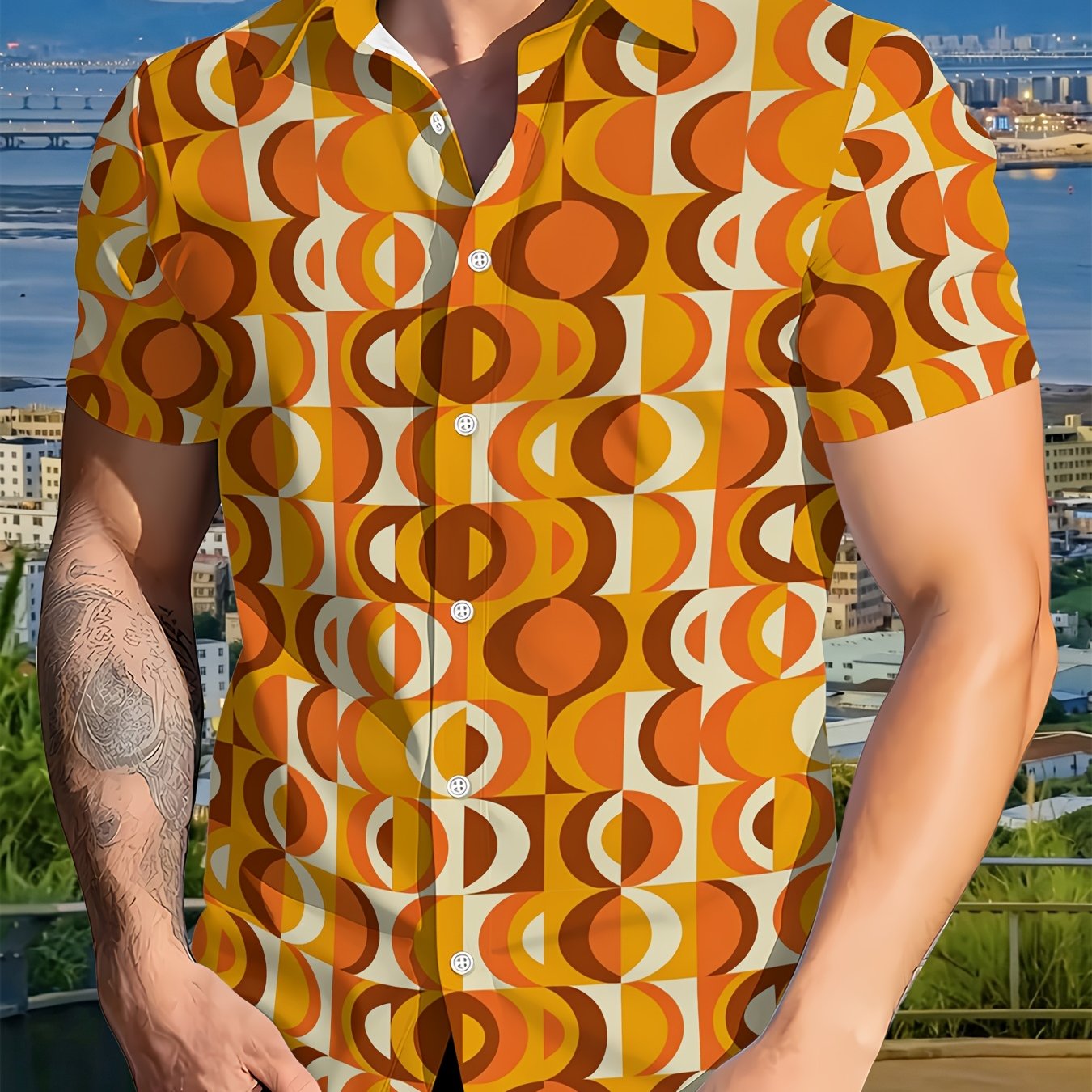 TEMU Men's 70s Retro Geometric Print Shirt, Short Sleeve Button-up Summer Casual Holiday Shirt (printed Design â Not Textured)