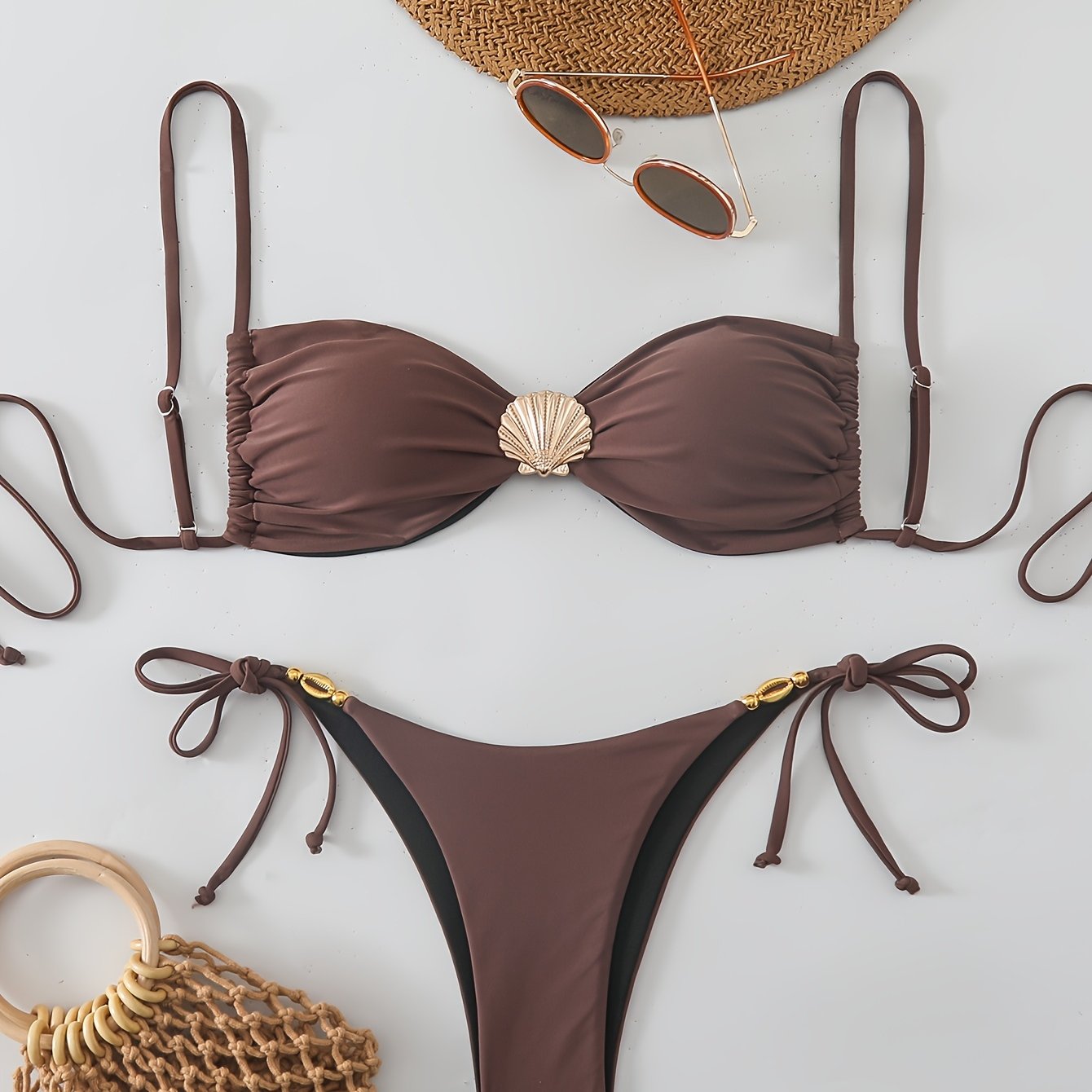TEMU Popular Brown Solid Color High-elasticity Sexy 2pcs Bikini Swimsuit