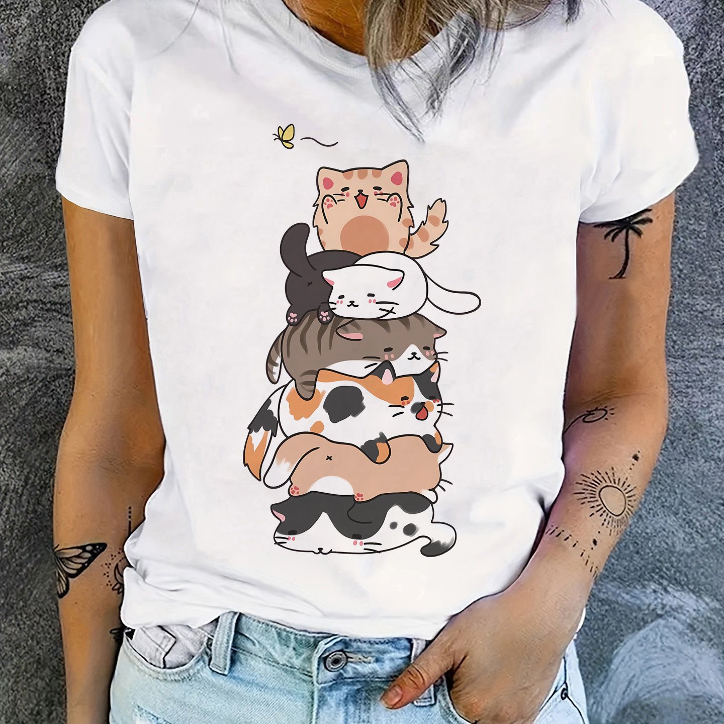 TEMU Cute Cat Print Short Sleeve T-shirts, Crew Neck Casual Top For Summer & Spring, Women's Clothing