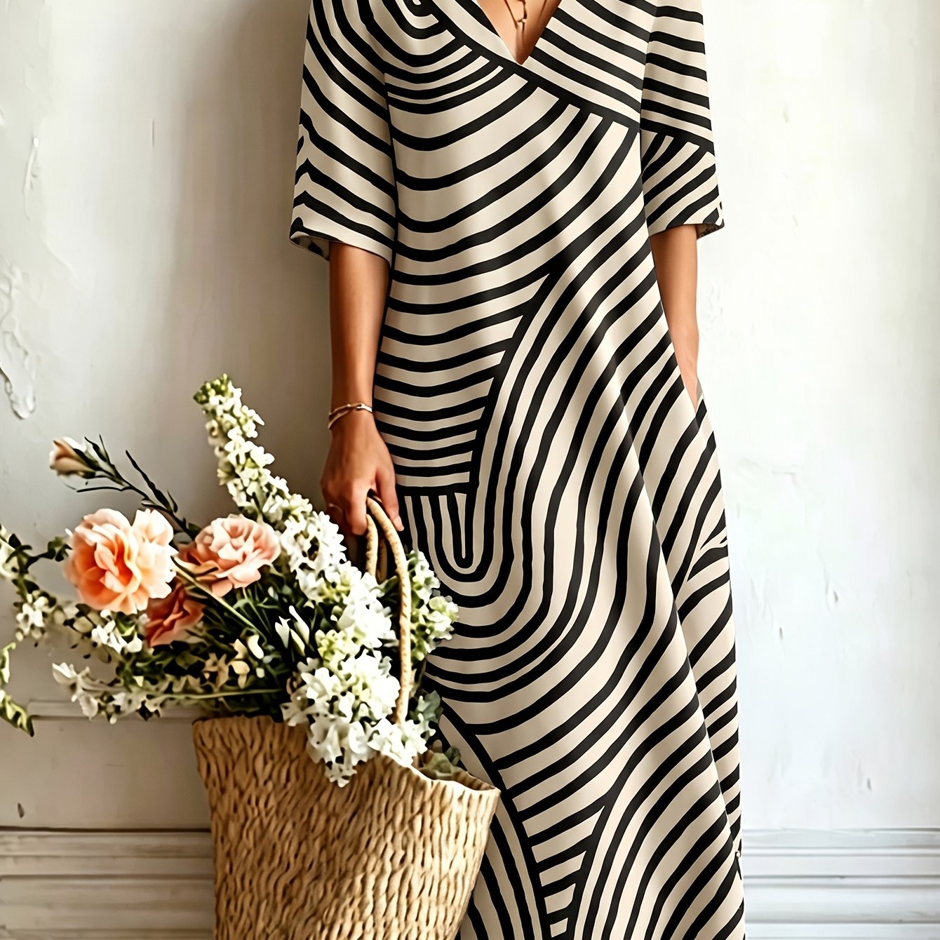 Image of Plus Size, Plus-size Summer Retro Bohemian Style Irregular Striped Print V-neck Mid-sleeve Pocket Dress. A Flattering,, Loose-fitting Dress Suitable For Vacations, Commuting, And Casual Wear.