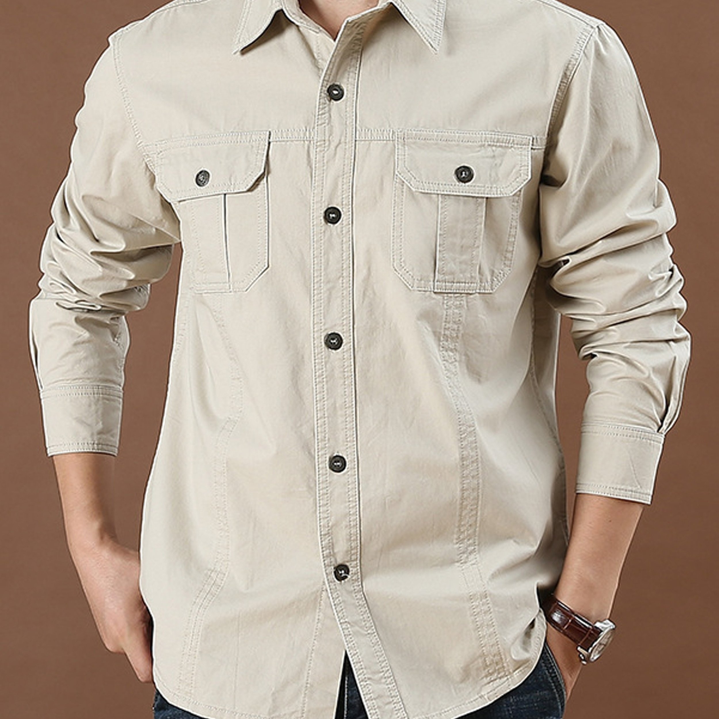 Image of Men's Long-sleeved Shirt Spring And Autumn Style Loose And Casual Fashionable With A Lapel Workwear Top, Plus Size