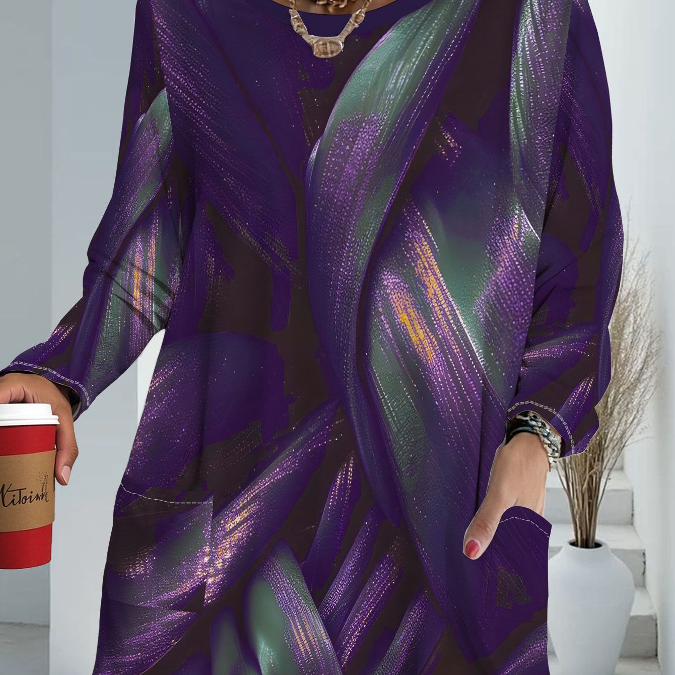 TEMU Women's Plus Size Purple-green Ombre Loose Sweater With Pockets, Women's Fashion Casual Top, /autumn Trendy Long-sleeve T-shirt