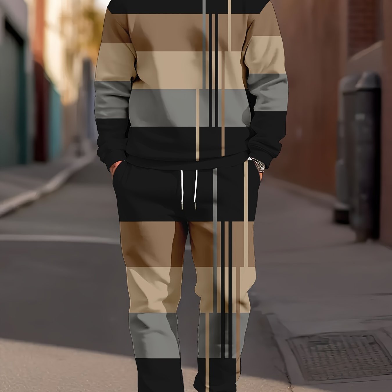 TEMU 2pcs Khaki Striped Geometric Pattern Printed Men's Pullover, Round Neck Hoodie And Sweatpants Set In Plus Size, Comfortable For Casual Streets,