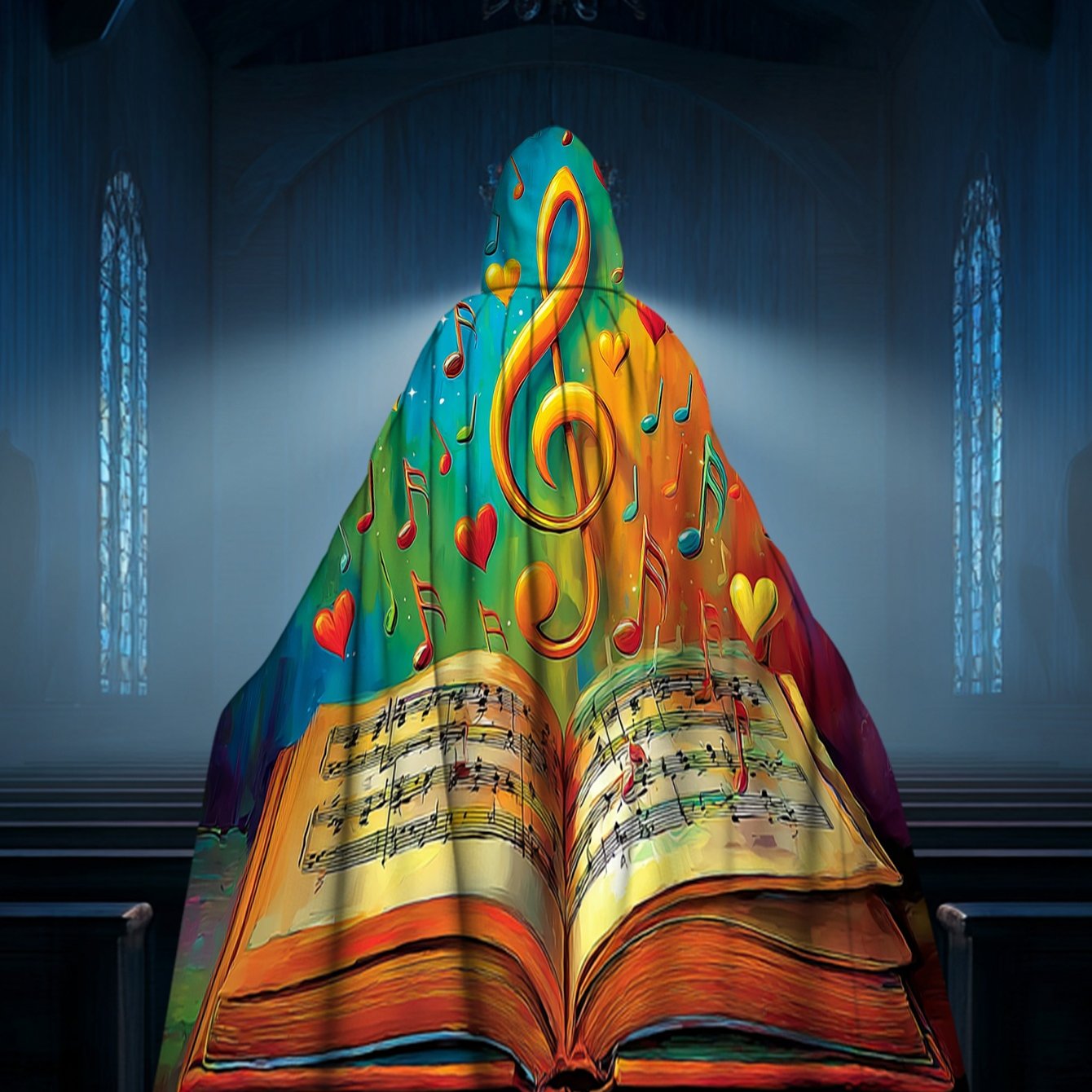 TEMU 1pc A 2d Flat Printed Portable Hooded Cape Featuring Musical Notes And Hearts, Made From 100%, Suitable For Masquerade Events, For Halloween