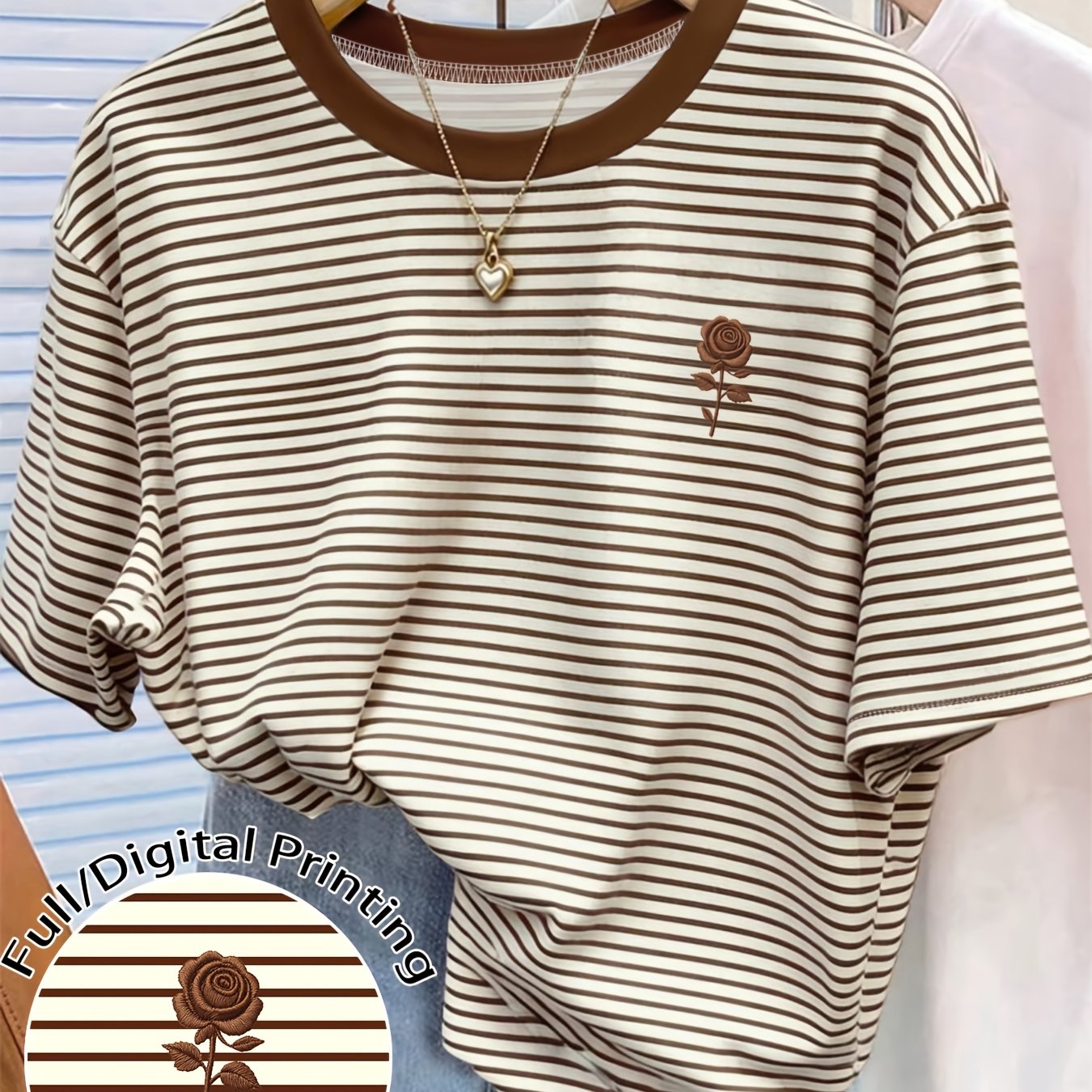TEMU Korean Retro Striped Rose Women Crew Neck Tee, Loose Casual Slim Breathable Fashion Short Sleeve Top
