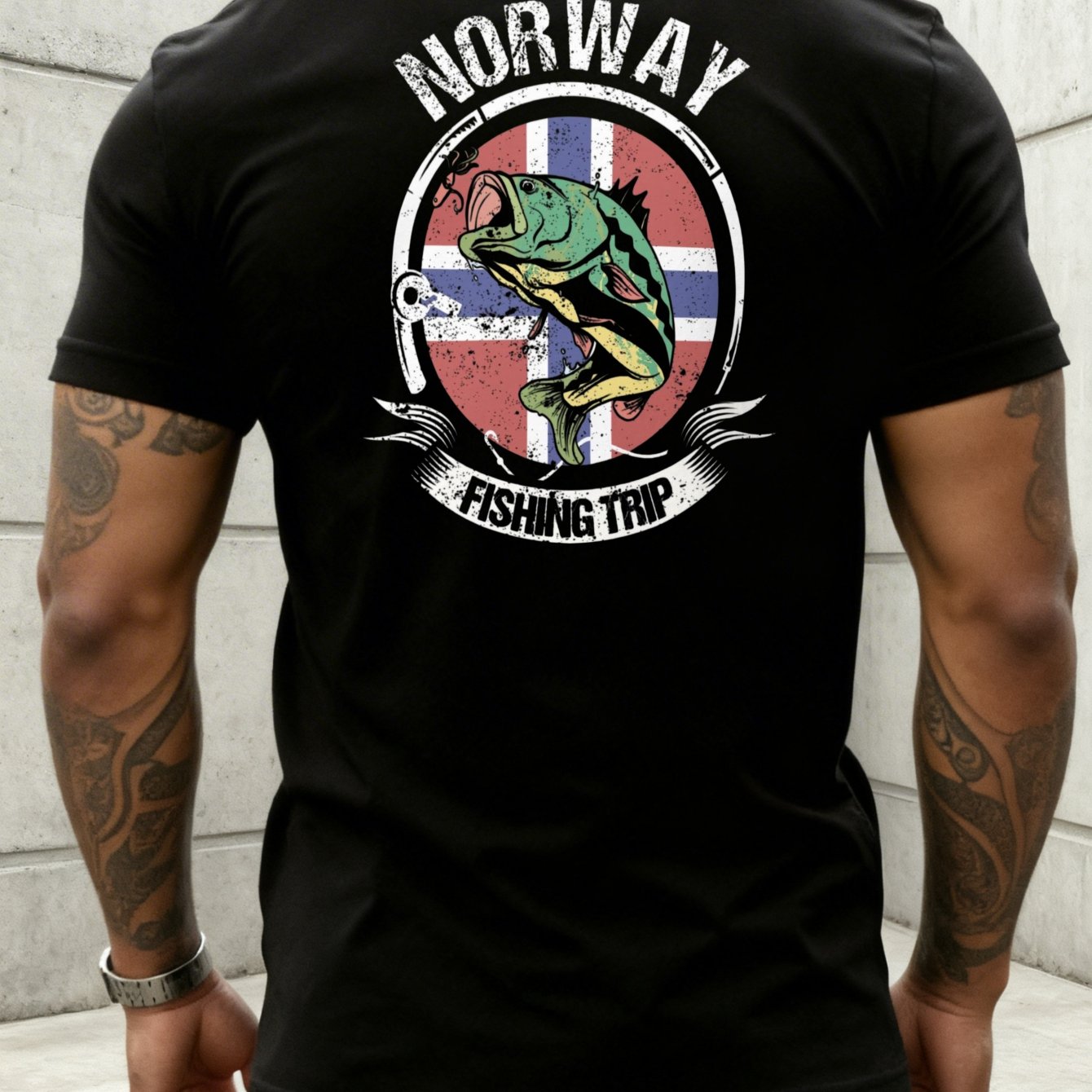 Image of Men's T-shirt With A Casual Design Featuring A Norway Fishing Trip Theme, Perfect For Summer Outdoor Activities. A Great Gift For Fishing Lovers And Travel Fans, With A Print On The Back