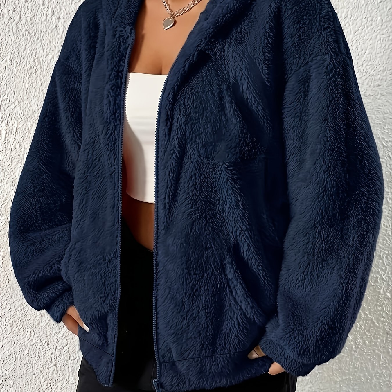 TEMU Plus Size, Autumn And Winter New Solid Color Winter Plush Hooded Loose Solid Color Zipper Long Sleeve Warm For Women